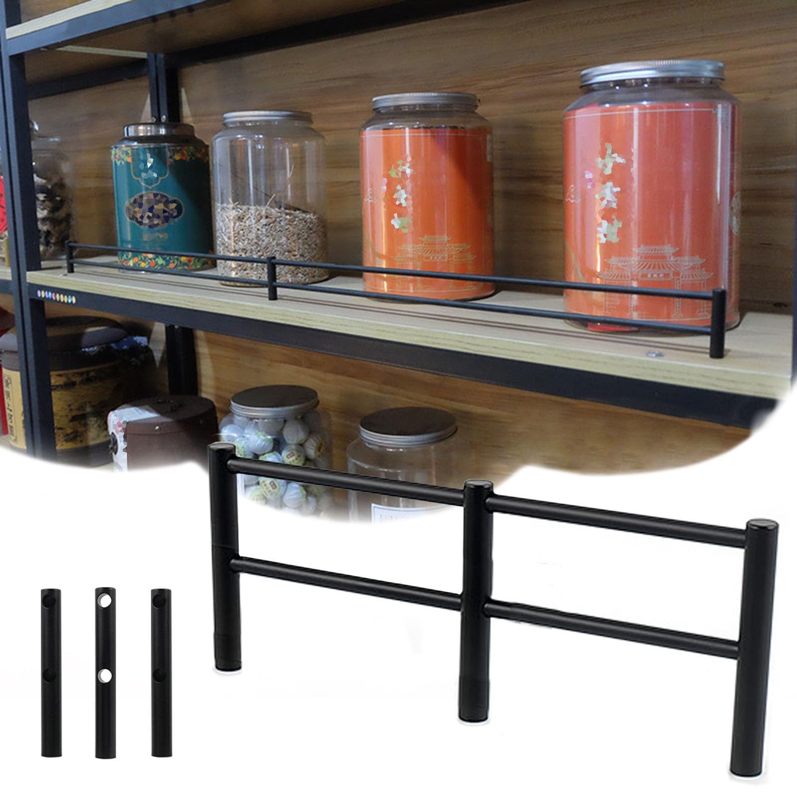 Renlxfi Black Kitchen Shelf Fences Guard Rail, 10 14 18 24 26 30 34 38 40 50 60 In Fall Protection Guardrail Decorative Rod For Display/Storage, Cuttable Round Tube(,L 56In/142Cm)