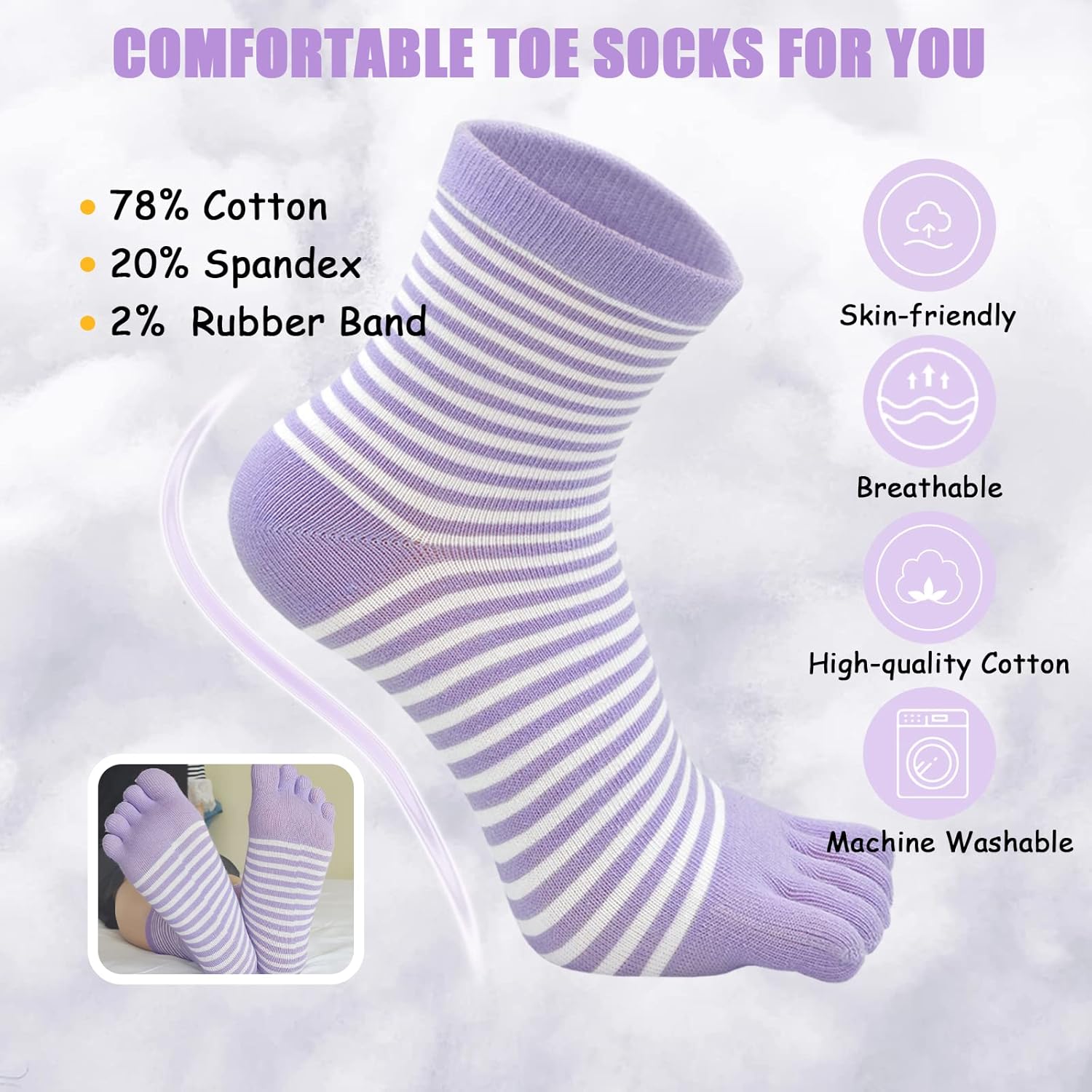 CaiDieNu Womens Toe Socks Cotton Crew Five Finger Socks Girls Colorful Stripe for Running Athletic Casual 4/5 Pairs - Image 5
