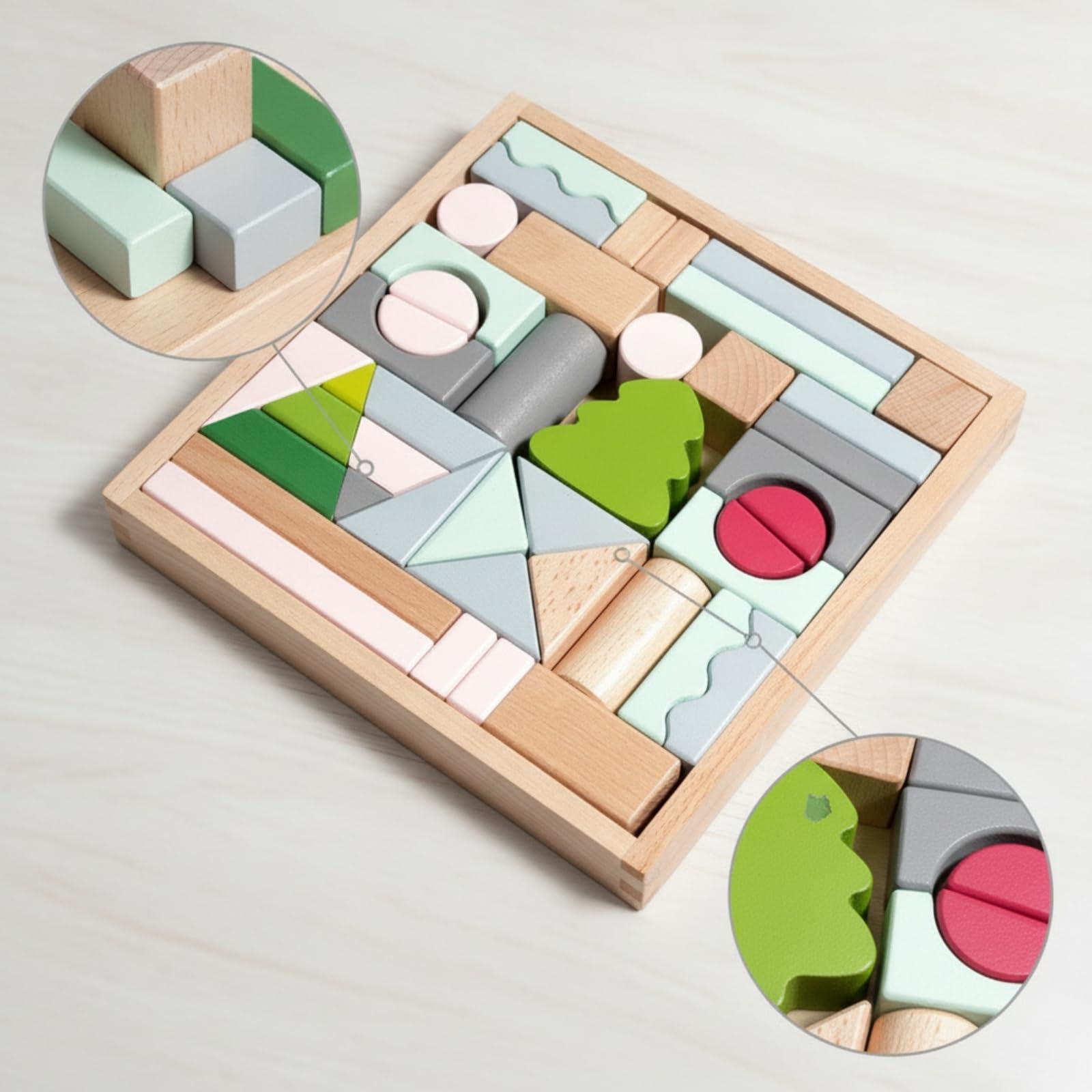 Gralara Blocchi di Legno con Vassoio Colorato Set di Blocchi da Costruzione in Legno Naturale Giocattolo per Spazio Giochi, Asilo Nido, Scuola Dell'infanzia
