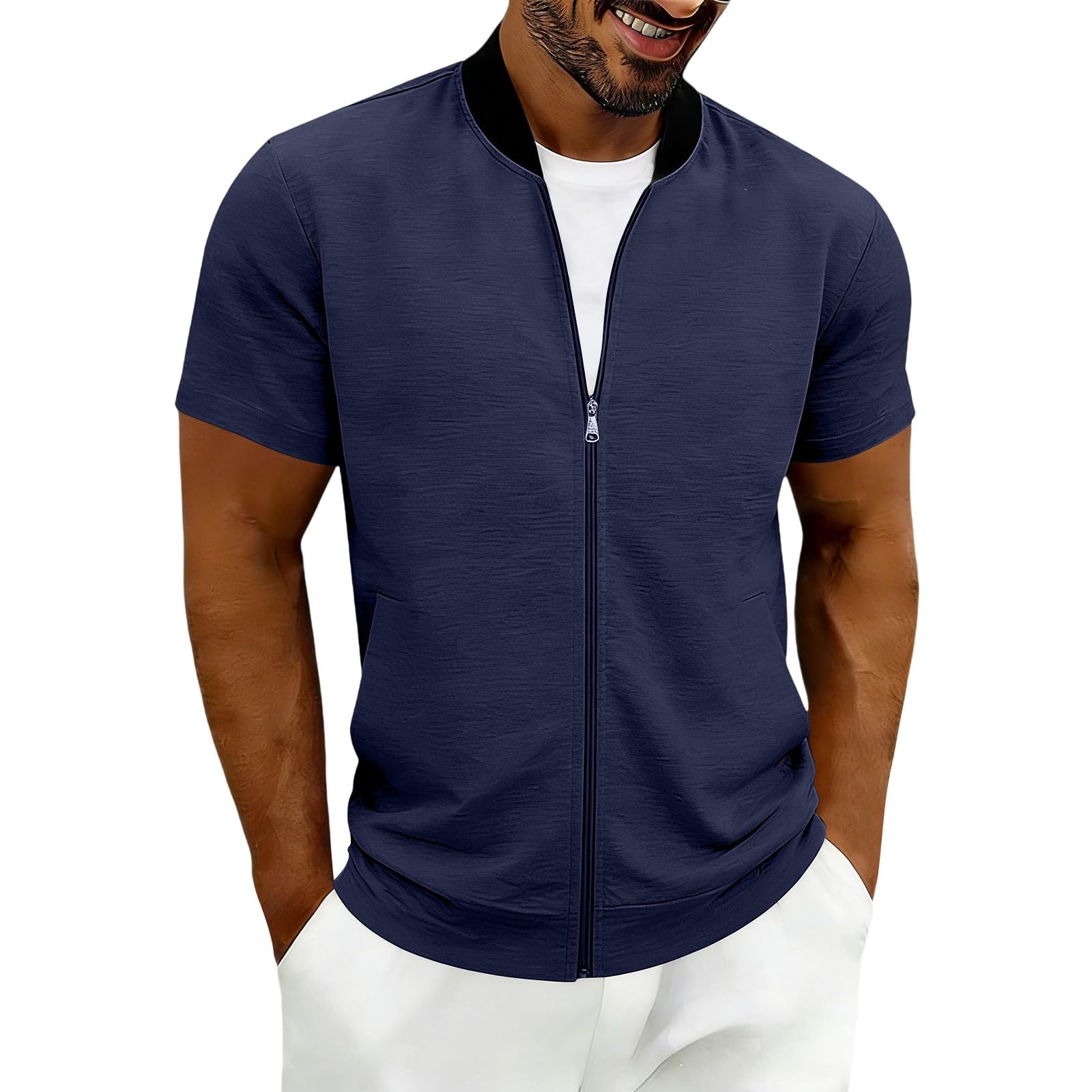 T-Shirts Für Herren Leichte Herren-Fliegerjacke Mit Durchgehendem Reißverschluss, Gerippt, Kurzarm, Lässig, Schmal Geschnitten Hemd Dunkelblau Linen Shirt Men T-Shirt Weiß Overshirt