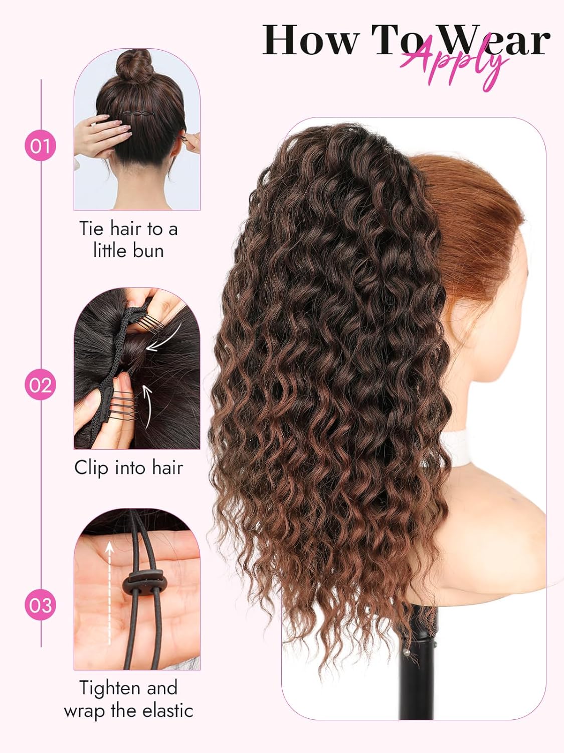 Isaic Ponytail Extension 16 Inch Long Wavy Curly Ponytails Drawstring Ponytail for Black Women Mix Brown with Deep Orange Pony Tails Hair Extensions Synthetic Hairpiece for Daily Use