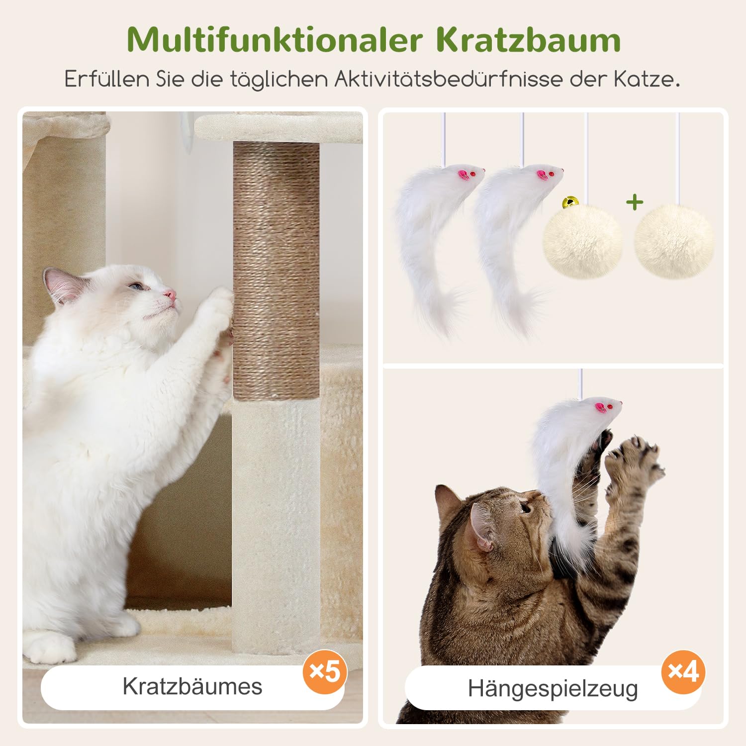 Globlazer F80F Kratzbaum Beige Große XXL 204 cm Stabil für 3-5 Groß Katze | Luxus Katzenbaum mit 3 Katzenhaus, 2 Große Plattformen,3 Weich Katzenkorb für 3-5 Erwachsene Katze Ausruhen Spielen Kratzen
