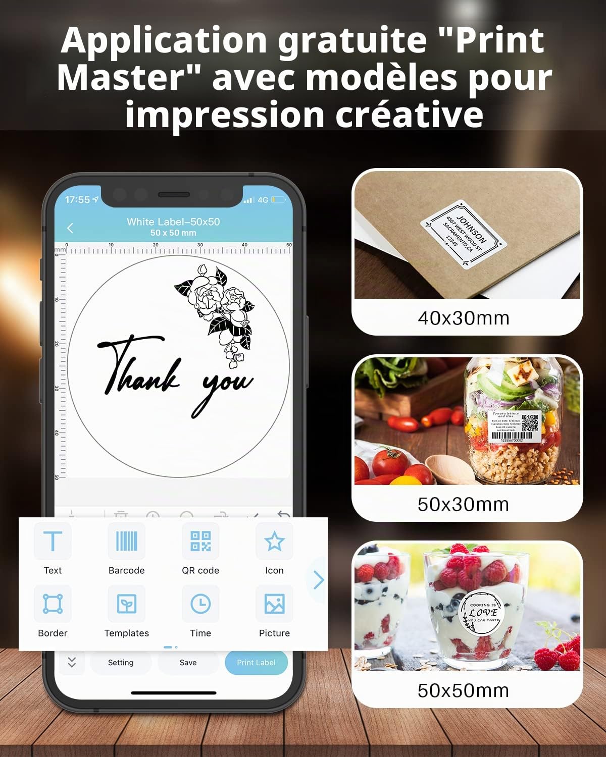 Phomemo M120 imprimante d'étiquettes 3 Rolls Bluetooth Etiqueteuse Imprimante Etiquette Autocollante Code Barre Device Petite Entreprise Portable Label Device Home Label pour Smartphone&PC, Noir
