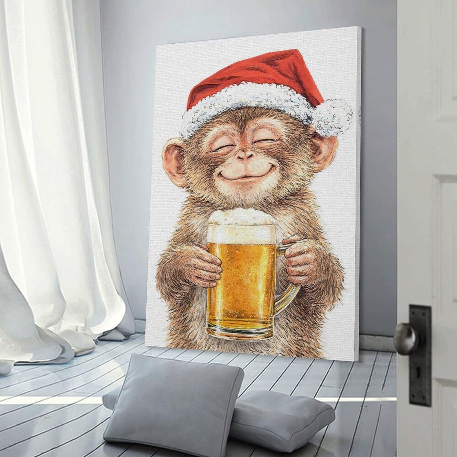 Junmoney Monkey in Santa Hat with Beer Wall Picture Print, 20x30inch(50x75cm), for Workspace Walls, Study Corners Or Bedrooms, Wall Art That Adds Style to Work Areas