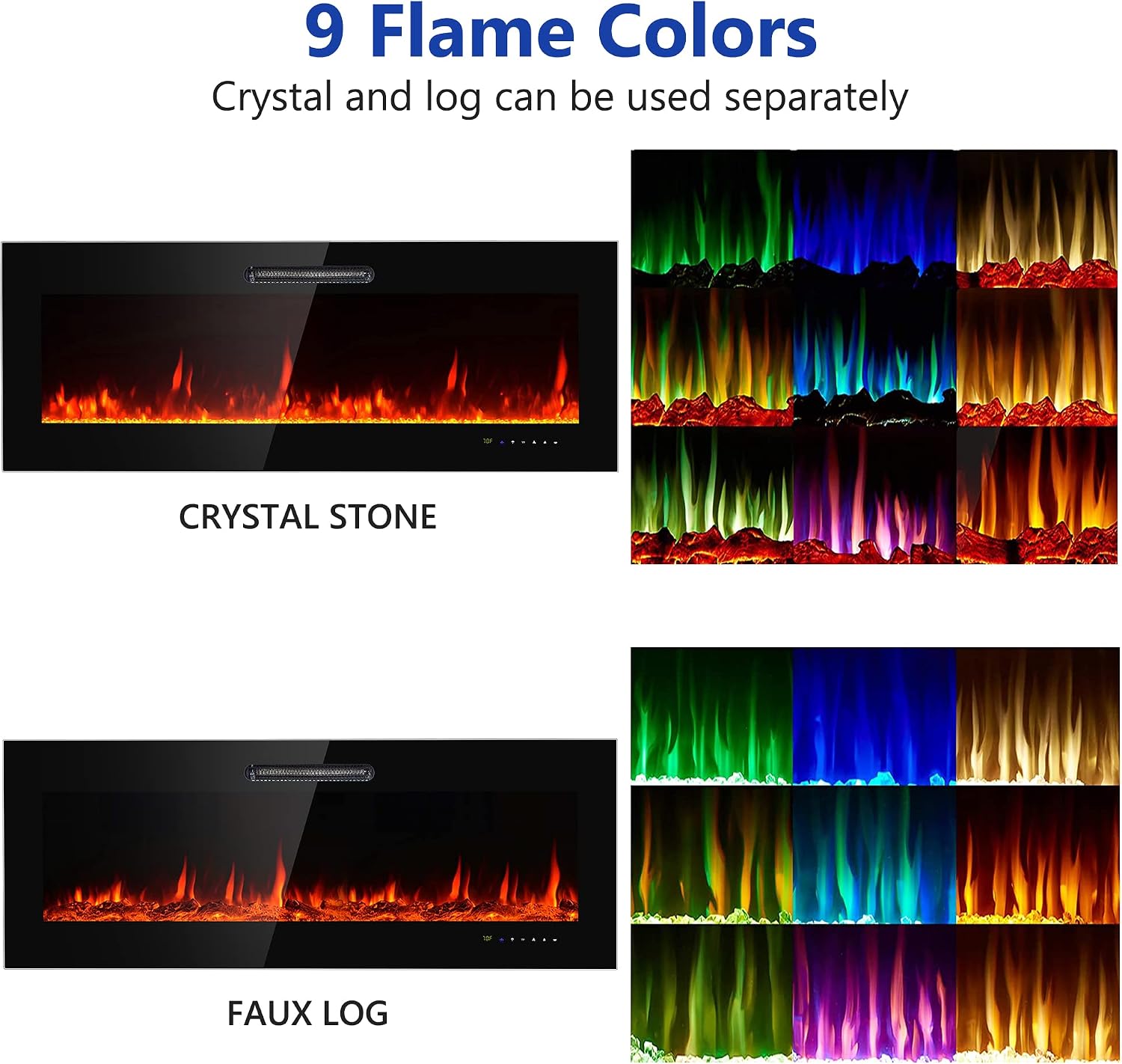 MAXXPRIME 50" Electric Fireplace Inserts, Recessed and Wall Mounted Electric Fireplace Heater, 750/1500W Wall Fireplaces with Touch Screen, Remote Control, Faux Log and Crystal, 9 Flamer Color