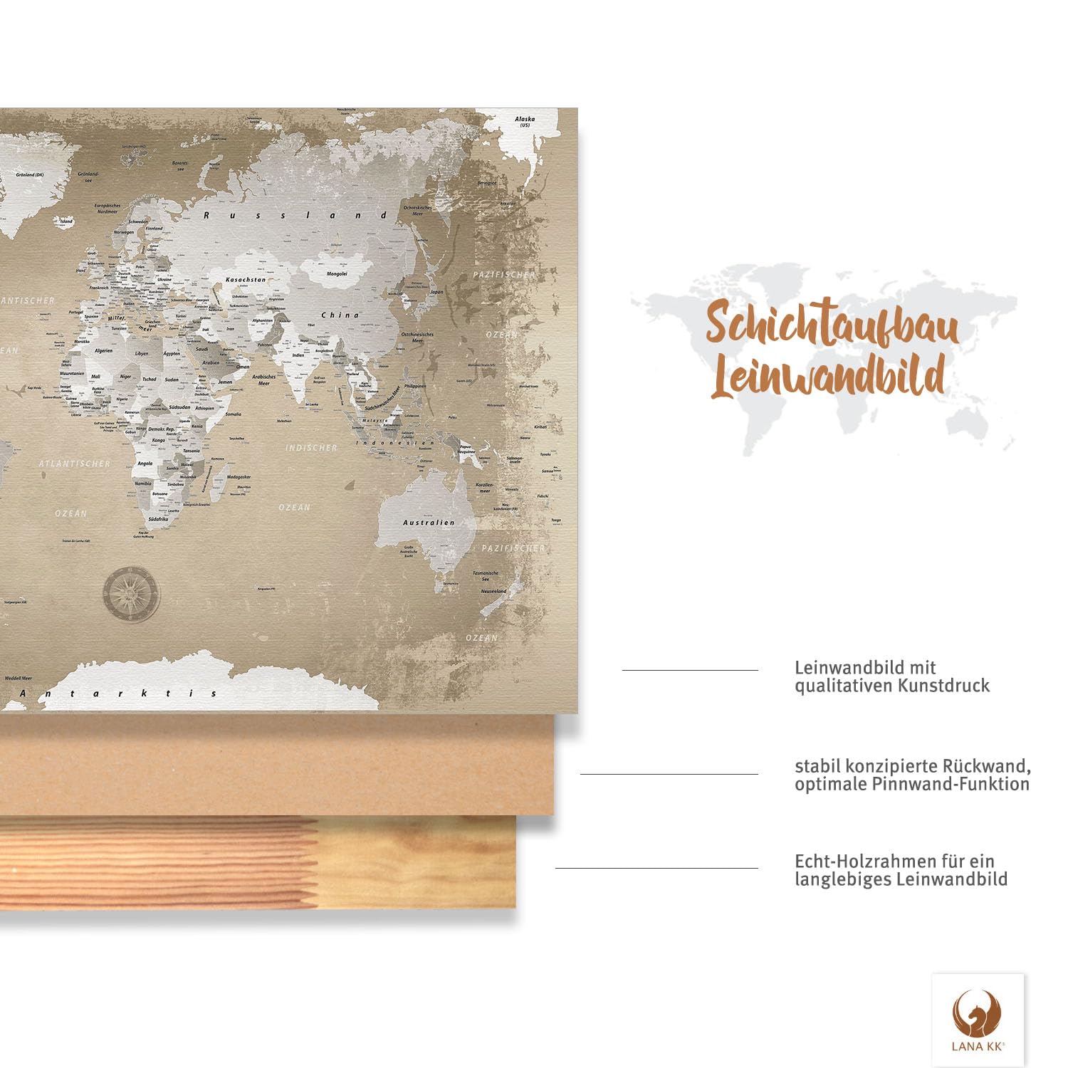 Pinnwand Weltkarte Auf Leinwand – 80x60 Cm Mit Starterkit, Deutsche Beschriftung, Zum Markieren Von Reisen