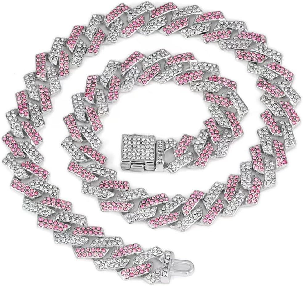 Pink Dog Chain Collar Diamond Cuban Link,Dog Necklaces Collar Rhinestone Bling Glitter Metal, Pet Jewelry for Puppy Small Medium Large Dogs (Pink 20inch)
