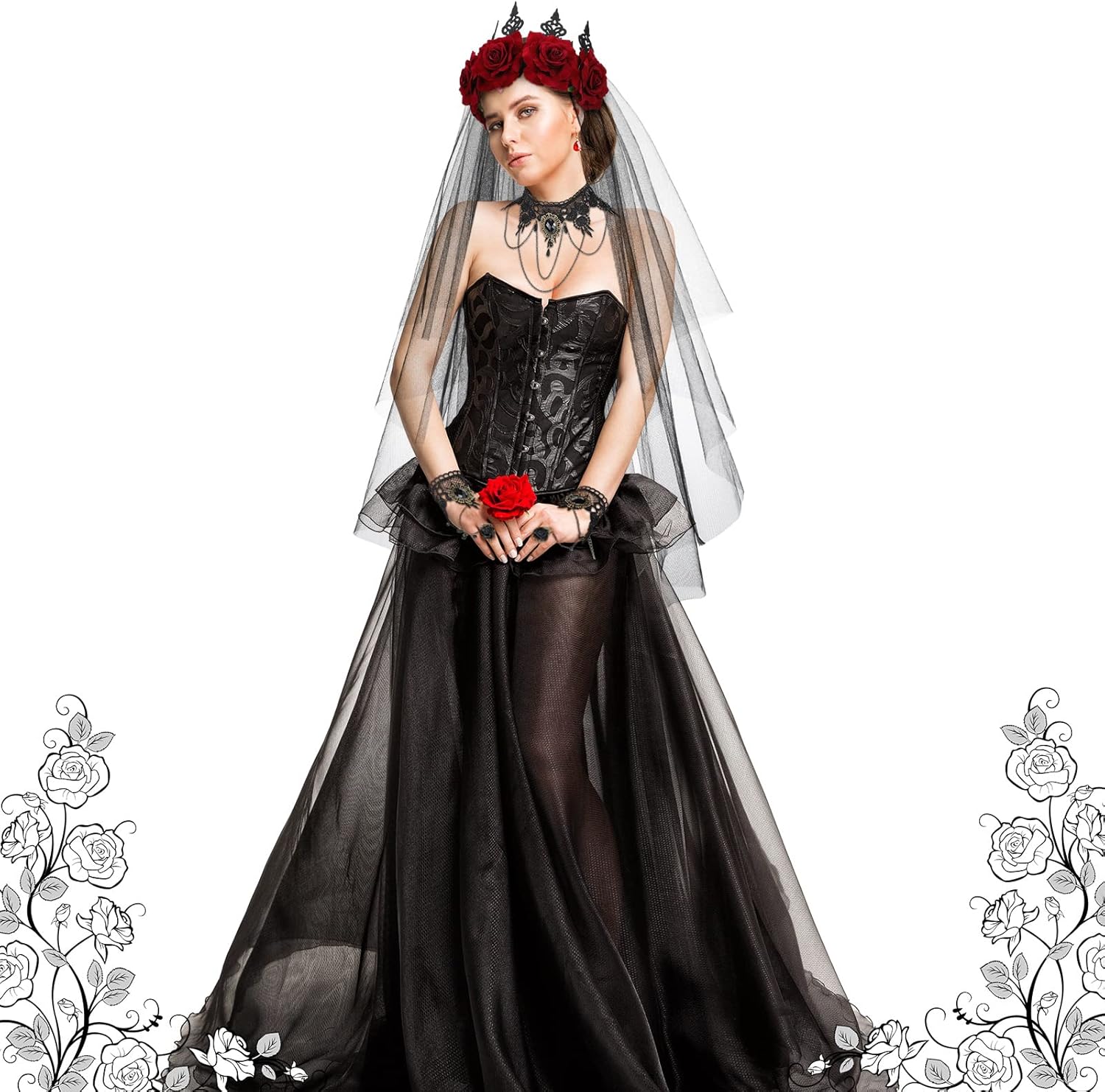 Dingion 5 Pcs Halloween Vintage Rose Floral Gothic Crown Headpiece Black Veil Black Choker Lace Necklace Bracelet Mesh Mantilla with Clip for Women Day of The Dead Costume Cosplay Party - Image 2