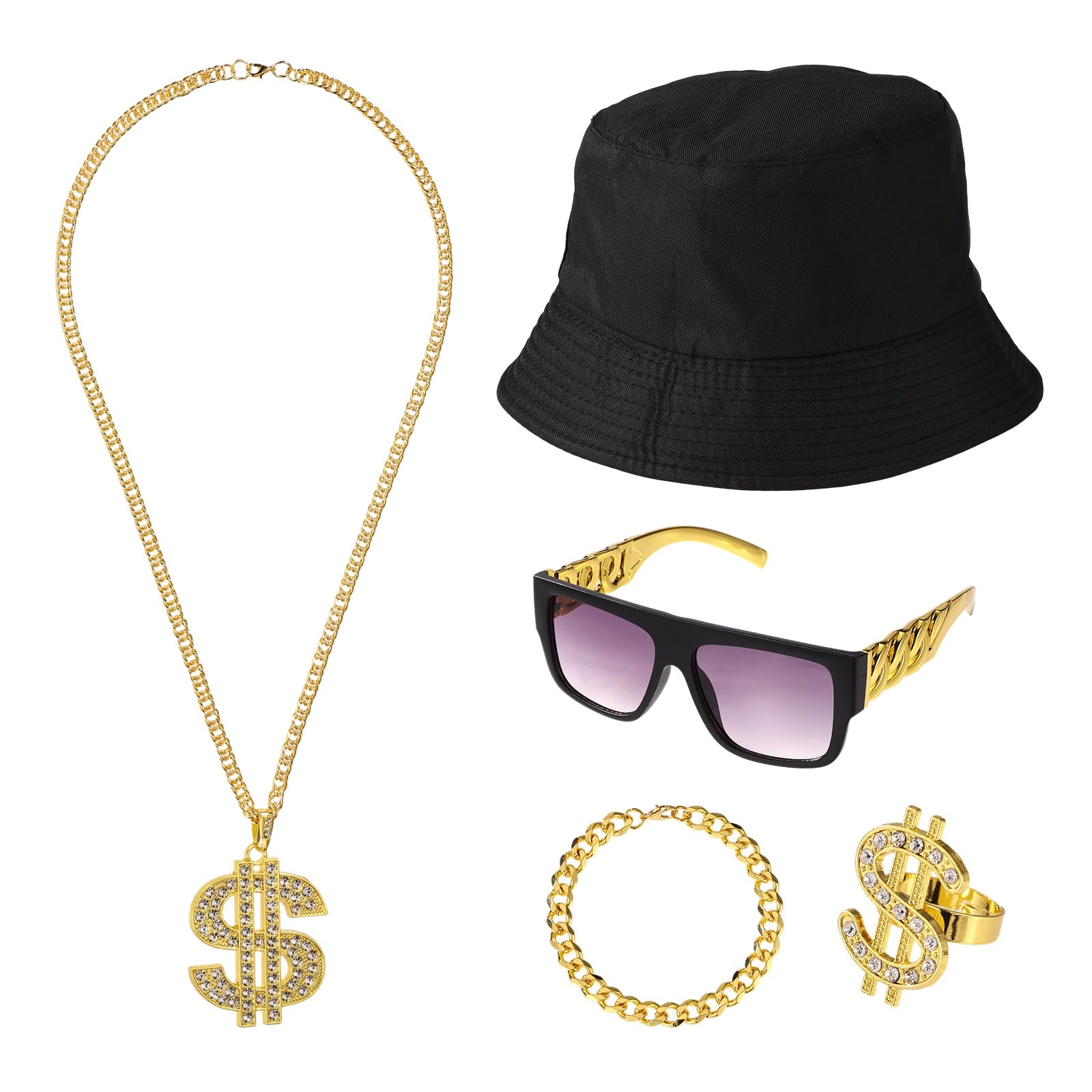 Mikovivi 5pcs Hip Hop Costume Kit, Rapper Fancy Outfit 80s 90s Accessories with Dollar Sign Necklace Chain Bracelet Ring Hat Sunglasses for Women Men Old Party