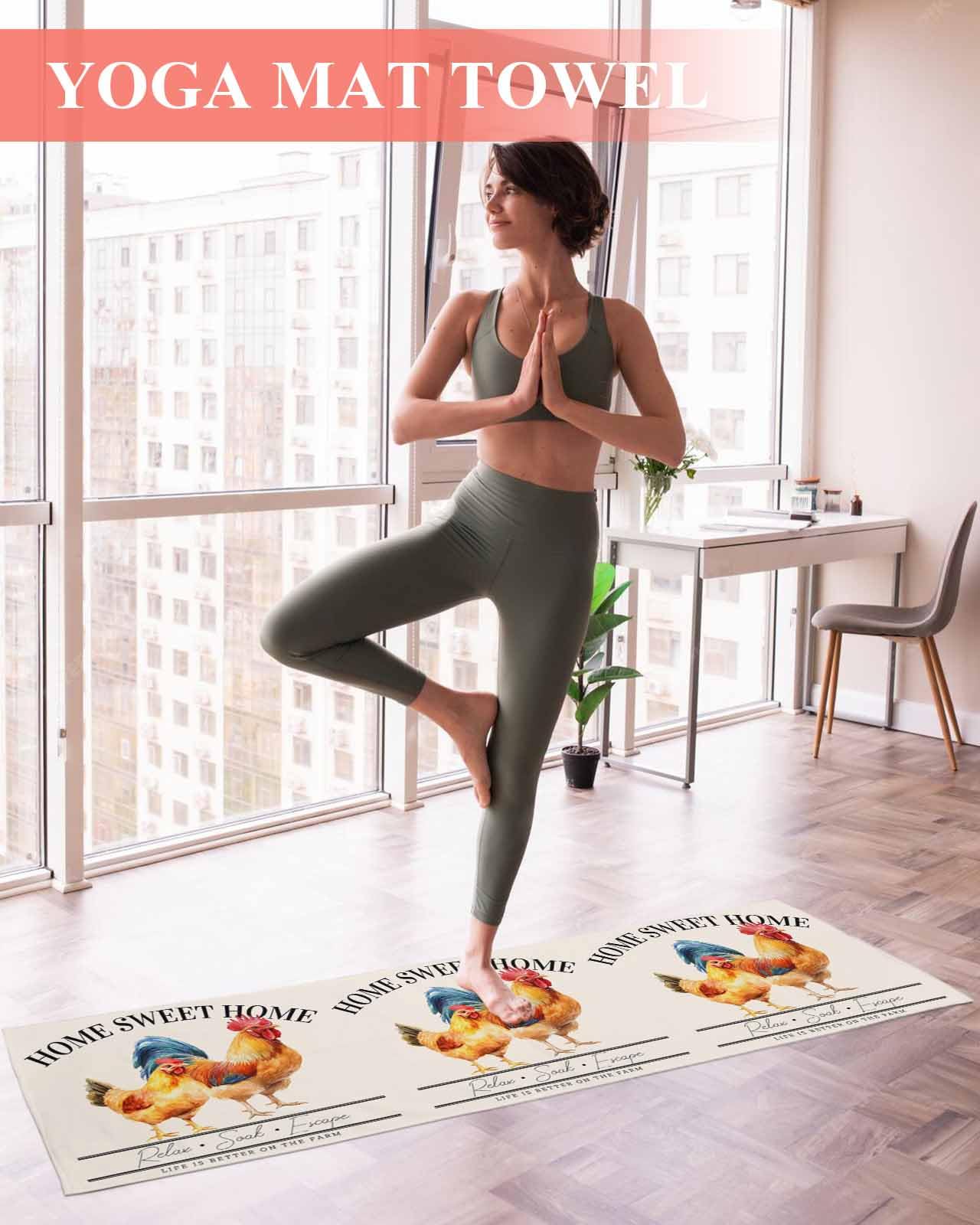 BOSIJOY Yoga Mat Towel,Farmhouse Watercolor Rooster Chicken Non Slip Sweat Absorbent Hot Yoga Towels with Corner Pockets,Retro Rustic Farm Animal Soft Microfiber Towel for Pilates Bikram 74