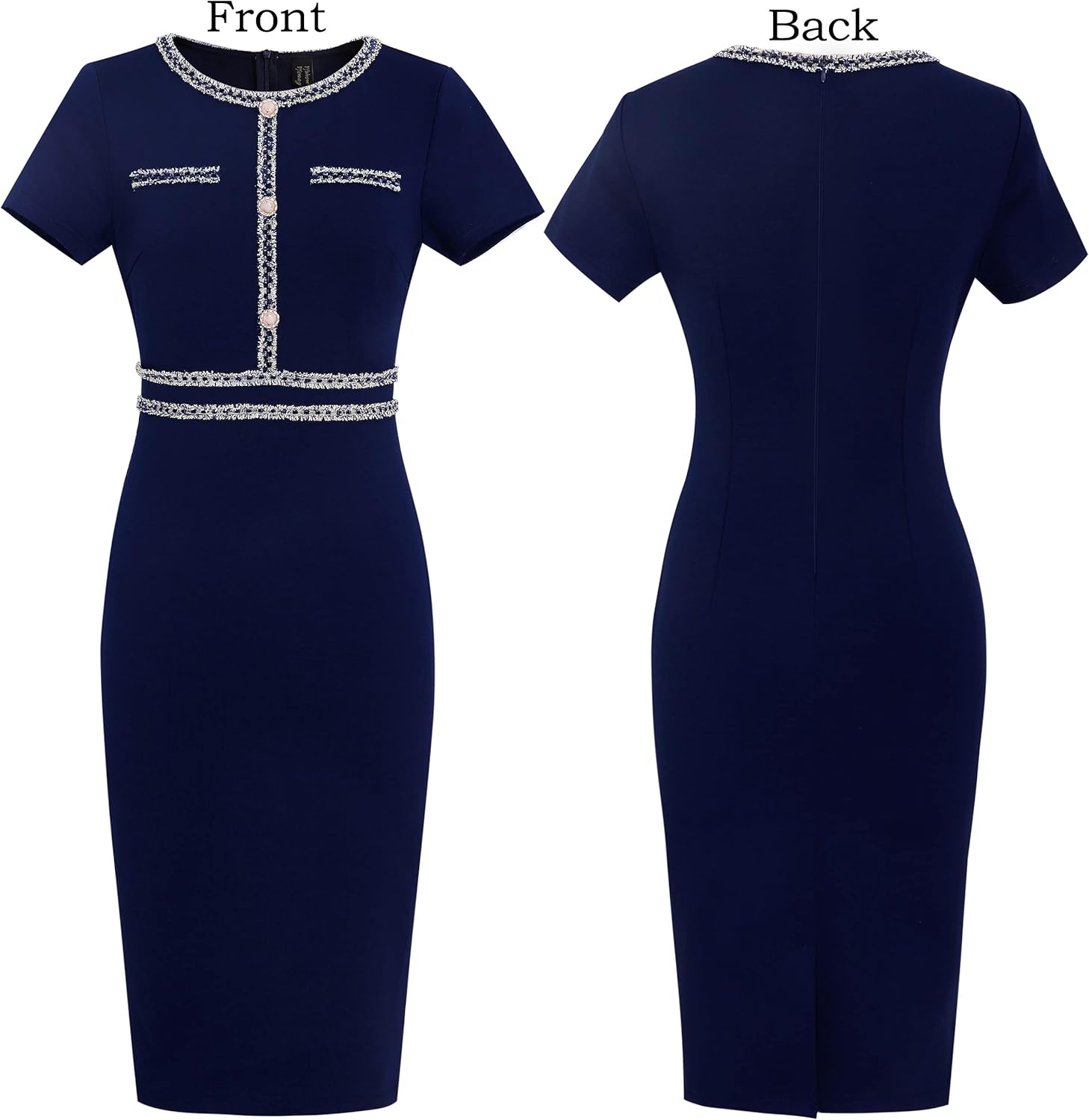 VFSHOW Womens Crew Neck Button Business Work Office Bodycon Dress Short Sleeve Patchwork Tweed Trim Party Pencil Sheath Dress - Image 3