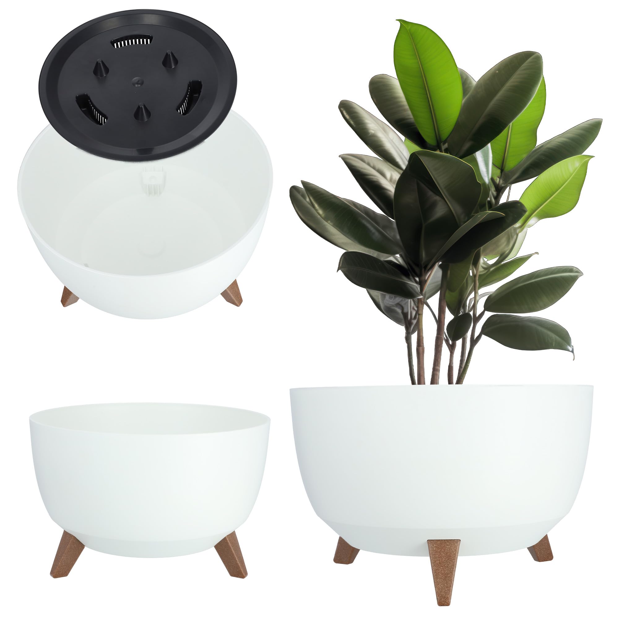 KADAX Maceta Decorativa de Plástico con Soporte Integrado, Macetero con Tres Patas de Imitación Madera para Interior y Exterior (Blanco, 39.5 cm)