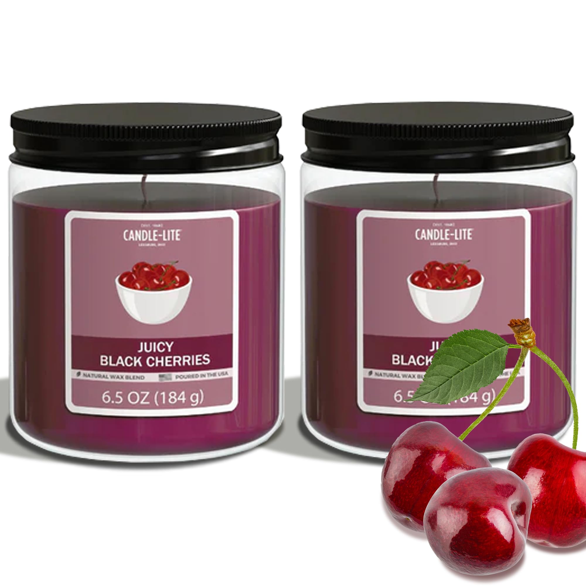 Candle-Lite Juicy Black Cherries Scented Candles Set, Aromatherapy, 2 Pack 6.5 oz Single-Wick Jar, 40 Hours of Burn Time, Perfect for Gifting and Celebration