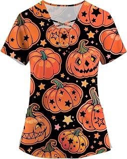 Halloween Scrub Tops Women Plus Size Short Sleeve V Neck Printed Hoilday Nurse Women