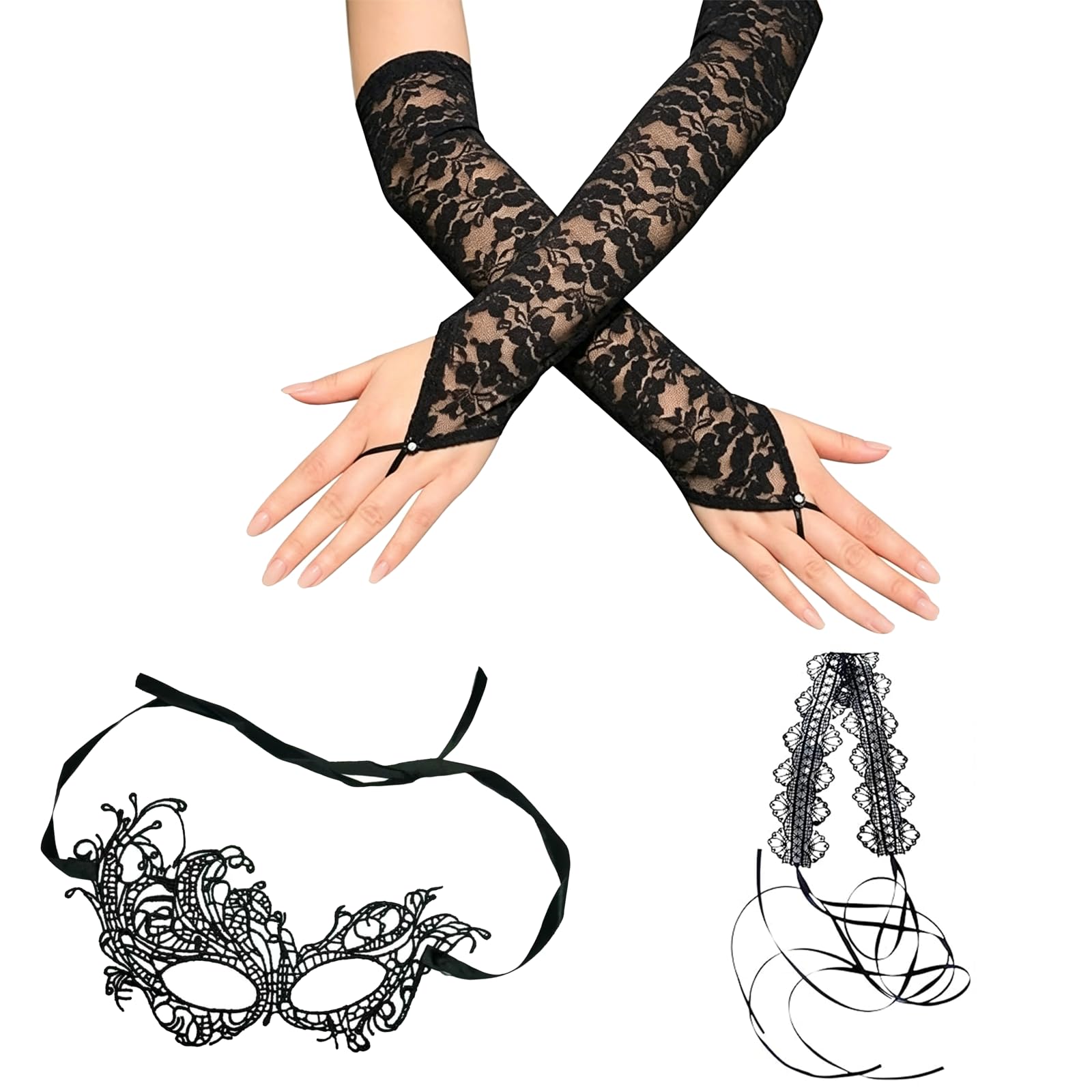Daxiangsheng Gothic Elegant Lace Masks Necklace & Floral Gloves, Black 3Pcs