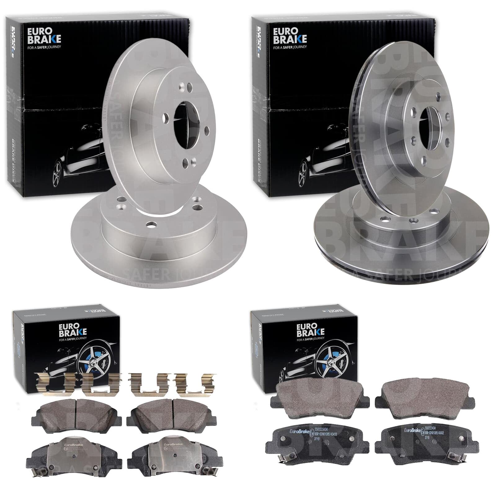 Eurobrake Bremsscheiben + Beläge vorne + hinten | 5815203529 + 5502223450 + 5815313455 + 5502223434 Kompatibel mit i10 II (ba, Ia)