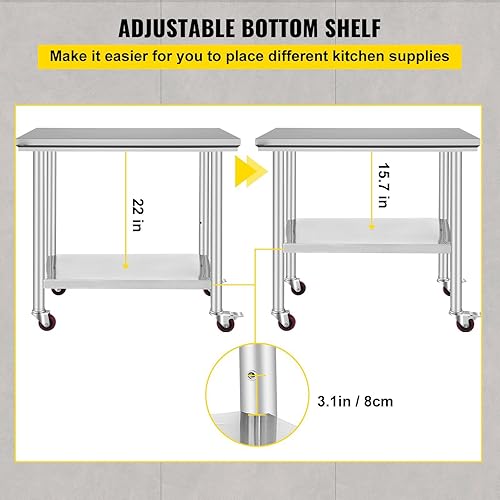 Miniatura 6 de Mesa de trabajo comercial de acero inoxidable de 36 x 24 pulgadas con 4 ruedas para preparación de alimentos en cocina y restaurante
