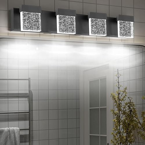Lámpara de tocador de baño de 30.5 pulgadas con 4 burbujas, color negro, lámpara LED sobre espejo, moderna, 6000 K