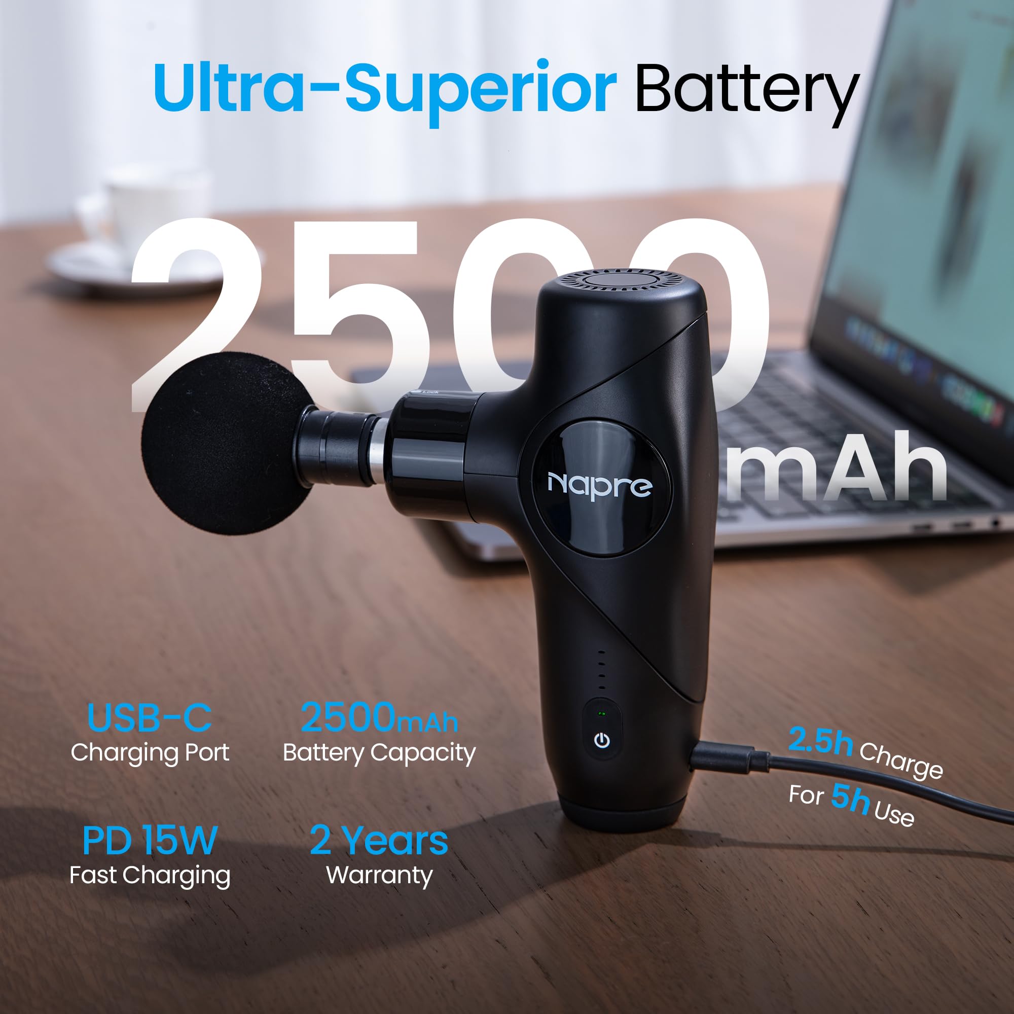 Pistola de Masaje Muscular Calor y Luz roja,NAPRE Mini Pistola Masaje Massage Gun con Mango Desmontable,5 Cabezales,Silencioso,Pistola Masajeadora Muscular Cervical y Espalda–Regalo Para Hombre,Mujer