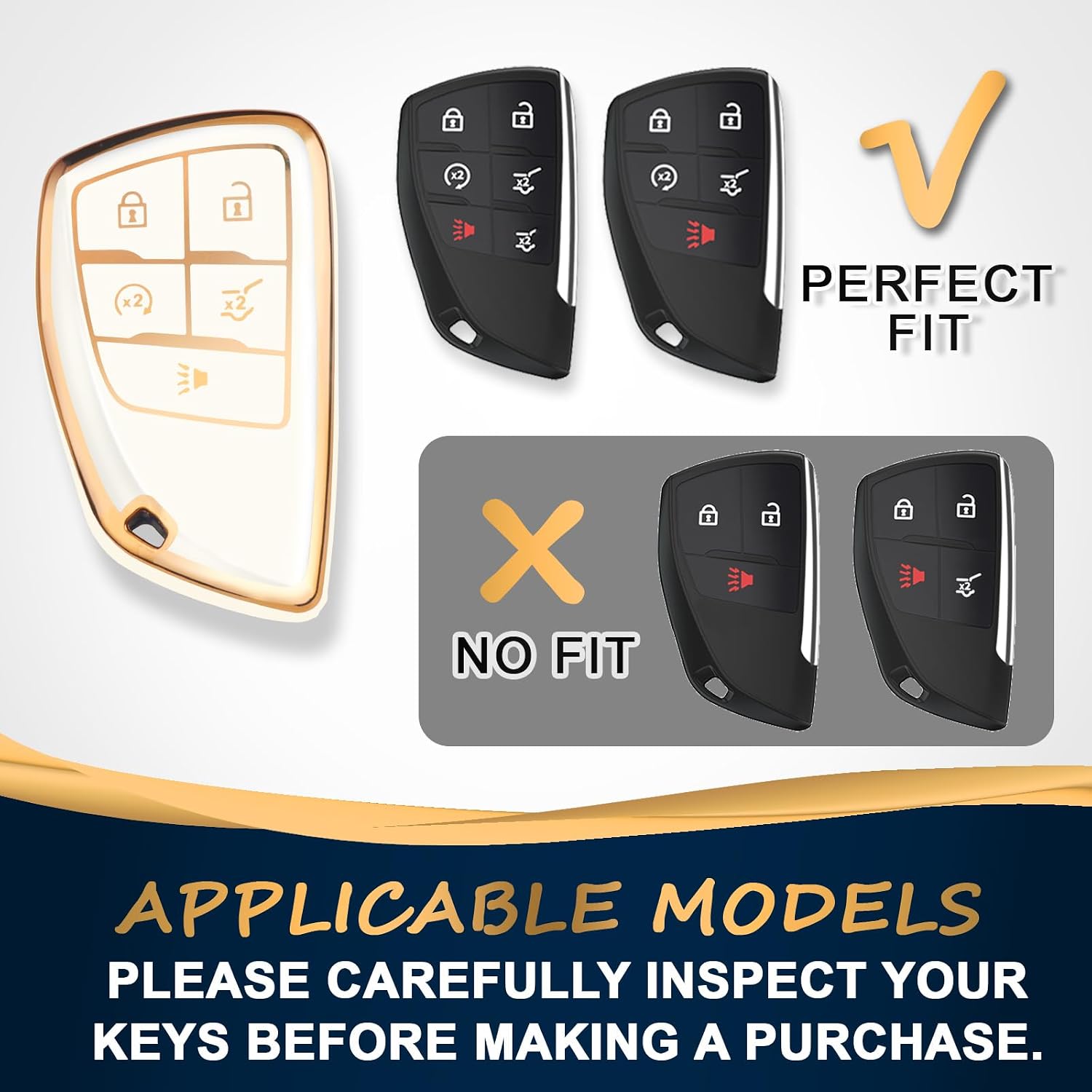 QBUC for Chevy Key Fob Cover with Keychain 5-Buttons(Gold Trim Ivory) image 2
