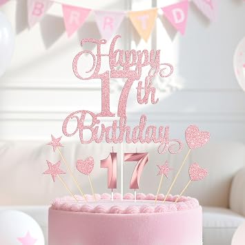 Rose Gold Happy 17th Birthday Cake Decorations, Glitter 17th Birthday Cake Toppers Set and Numeral 17 Candles for Birthday Party Supplies, Heart Star Cupcake Decorations