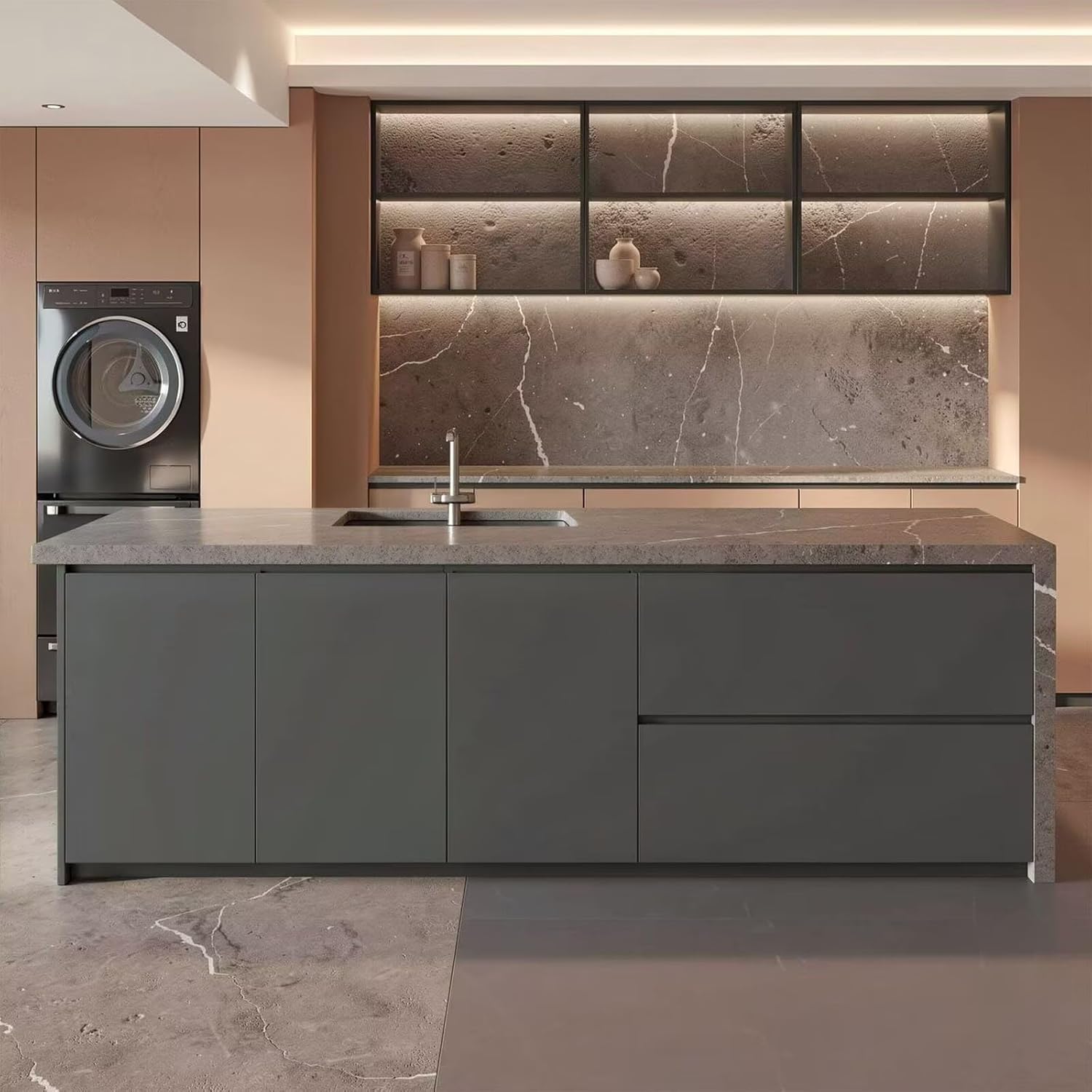 Kitchen Island with Storage - Kitchen Island Table with Slate Top, Grey Cabinet, Sink, Drawers, Cabinets for 3-4 Persons (84IN No Chairs)