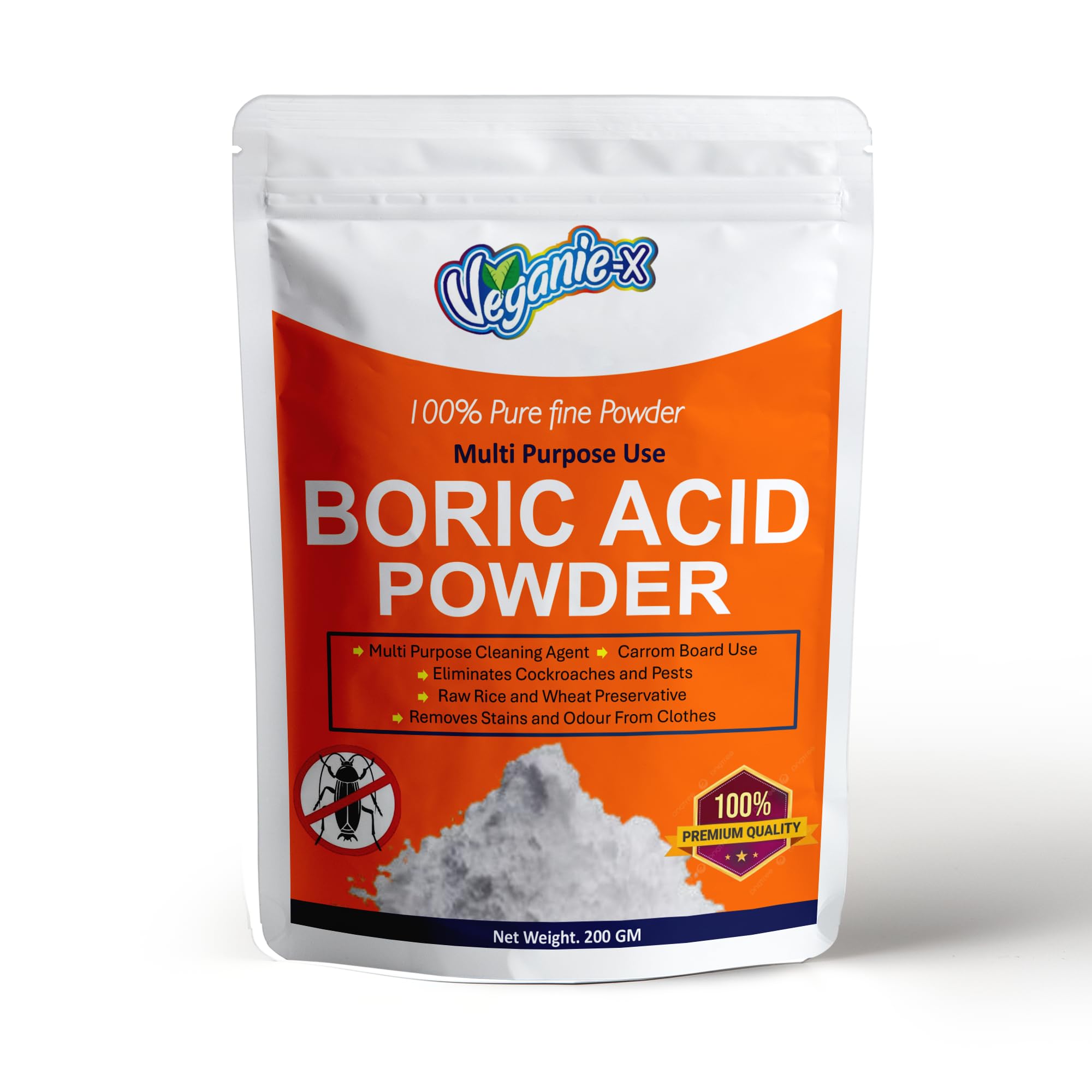 Veganie-x boric acid powder | Multi Purpose boric powder For cockroaches, insects | carrom powder uses, Industrial grade cleaning agent, Natural Rice Preservative 200 gm