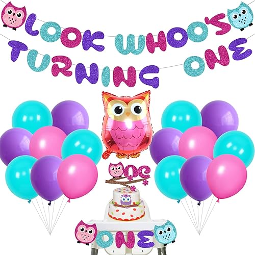50 piezas de decoración de fiesta de primer cumpleaños de búho de dibujos animados para niños y niñas con Look Who's Turning One, globo de látex,