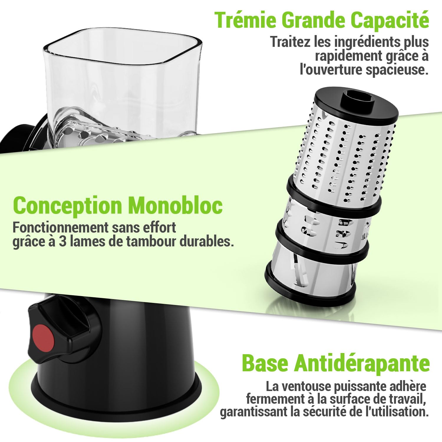 Râpe à Fromage Rotative, Mandoline Cuisine Professionnelle, Coupe Legumes Multifonctions avec 3 Lames de Tambour, Rapeuse Legume pour Fromage, Carottes, Concombre, Pommes de Terre