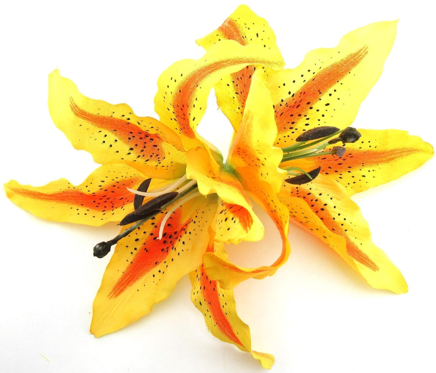 XL Double 8 inch Orange Yellow Tiger Lily Silk Flower Hair Clip with Teeth