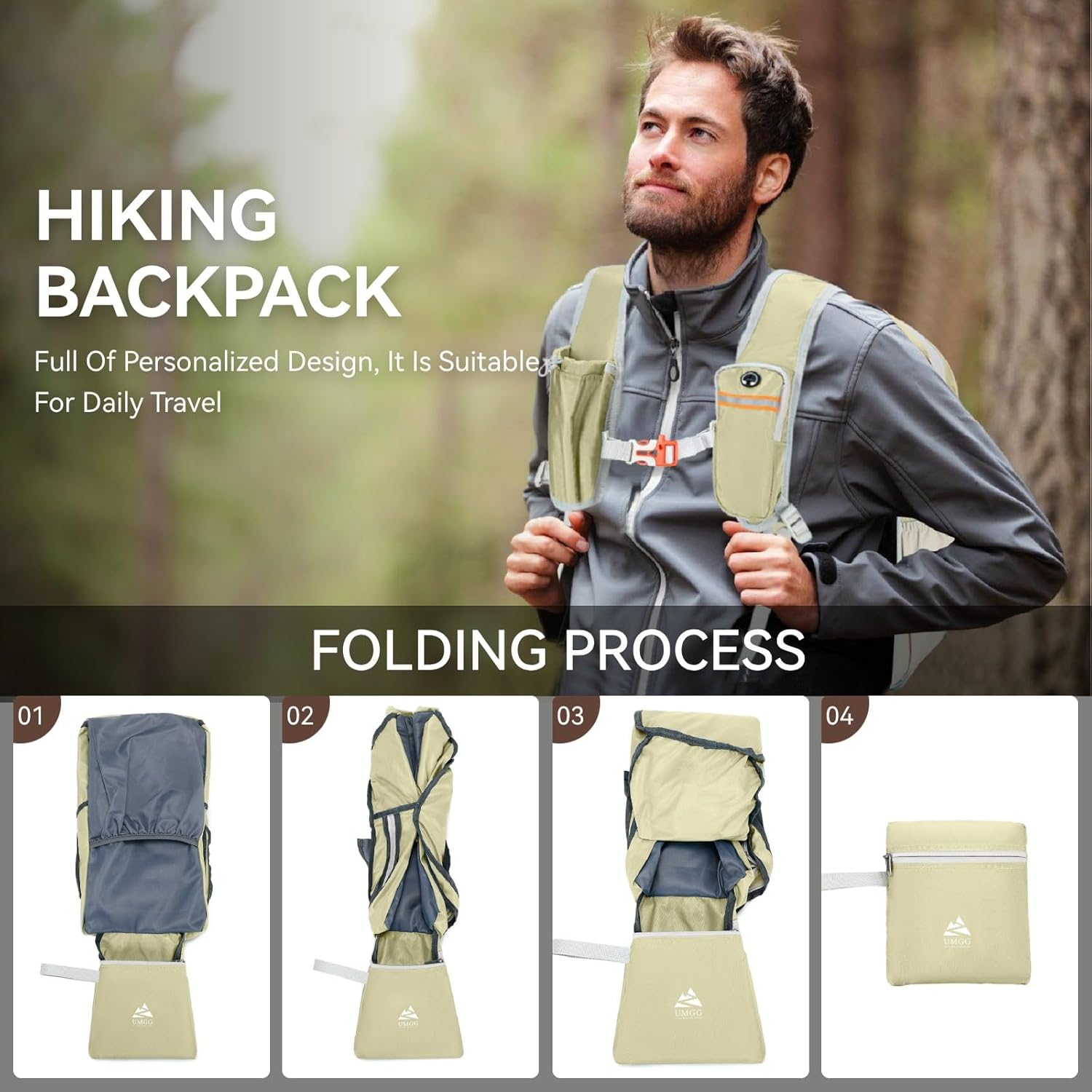 15L Small Hiking Backpack for Men Women Lightweight Packable Backpack Foldable Casual Daypack for Camping Travel Outdoor, Beige - Image 6