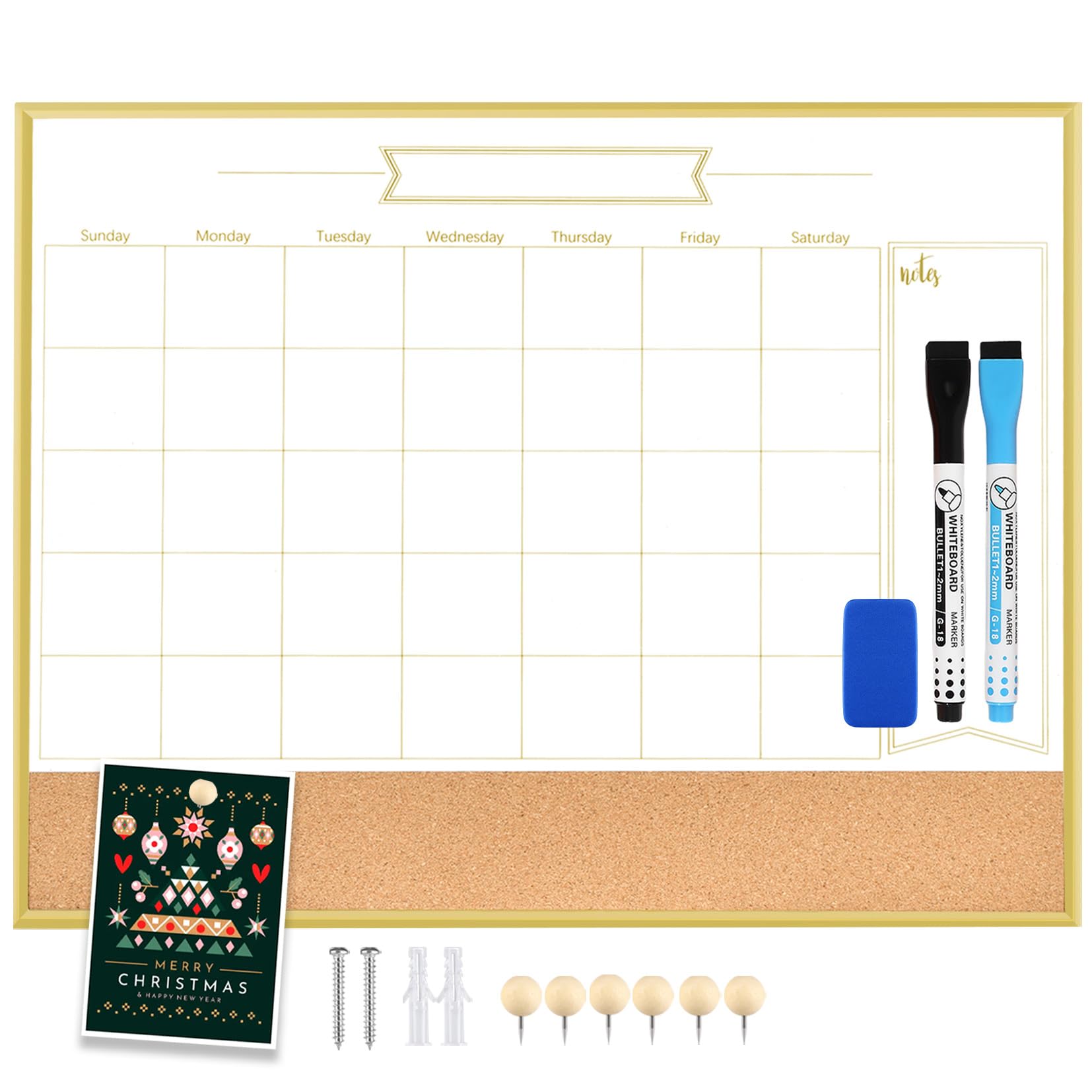 Whiteboard Calendar & Corkboard, 17" x 13" Dry Erase White Board & Bulletin Board, Gold Aluminum Frame Calendar/Cork Combo Board(ZHYL-Gold-3343-B+1)