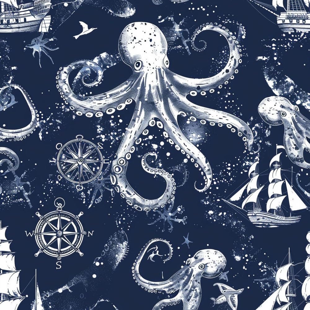 Jiaoqss N Peel And Stick Wallpaper Octopus Sailing Self Adhesive Wallpaper Vinyl Sticky Back Plastic Wallpaer Waterproof For Wall Furniture Living Room Bedroom Bathroom