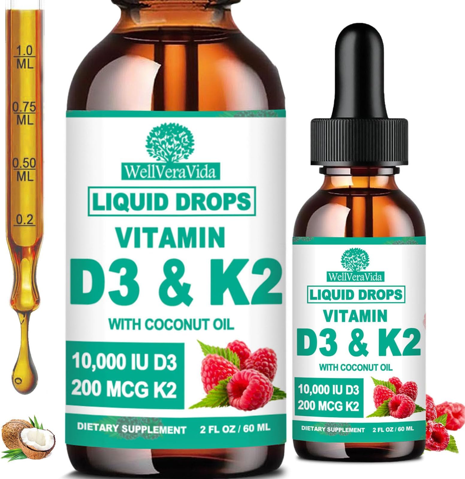 2 Pack D3 K2 Vitamin 10000iu, Liquid Drop Vitamin D3 With K2 (MK-7)200mcg Coconut Oil, 6X Stronger Than D3 K2 Sofegels, Magnesium Zinc for Absorption -K2 D3 Supplement for Joint Teeth & Bone Health
