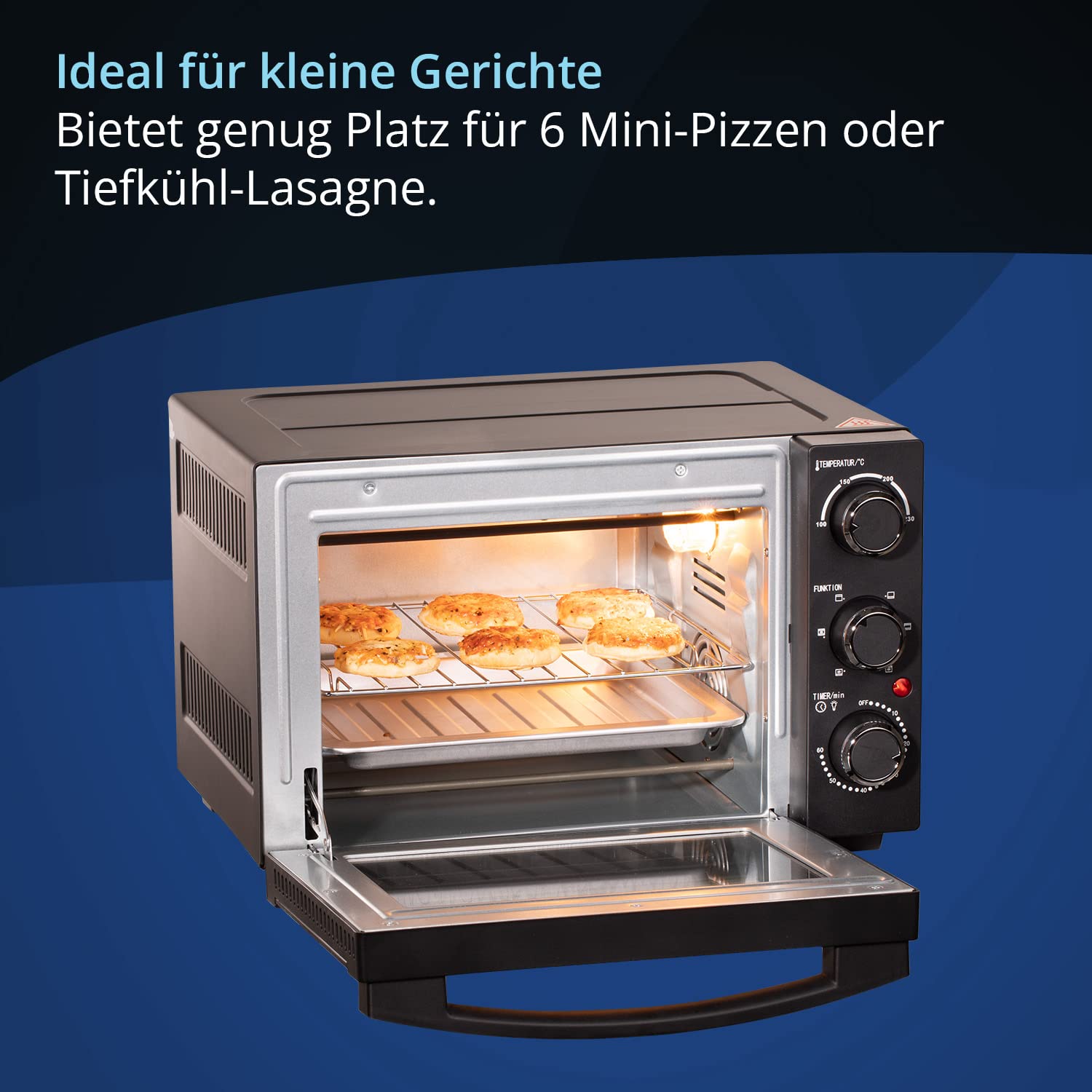 KHG Minibackofen MBO-15S in schwarz mit Umluft, Ober-/Unterhitze, 15l Garraum, Brotbackofen, inkl. 6 Funktionsstufen, Timer, Innenbeleuchtung, Backblech, Entnahmegriff, Grillrost