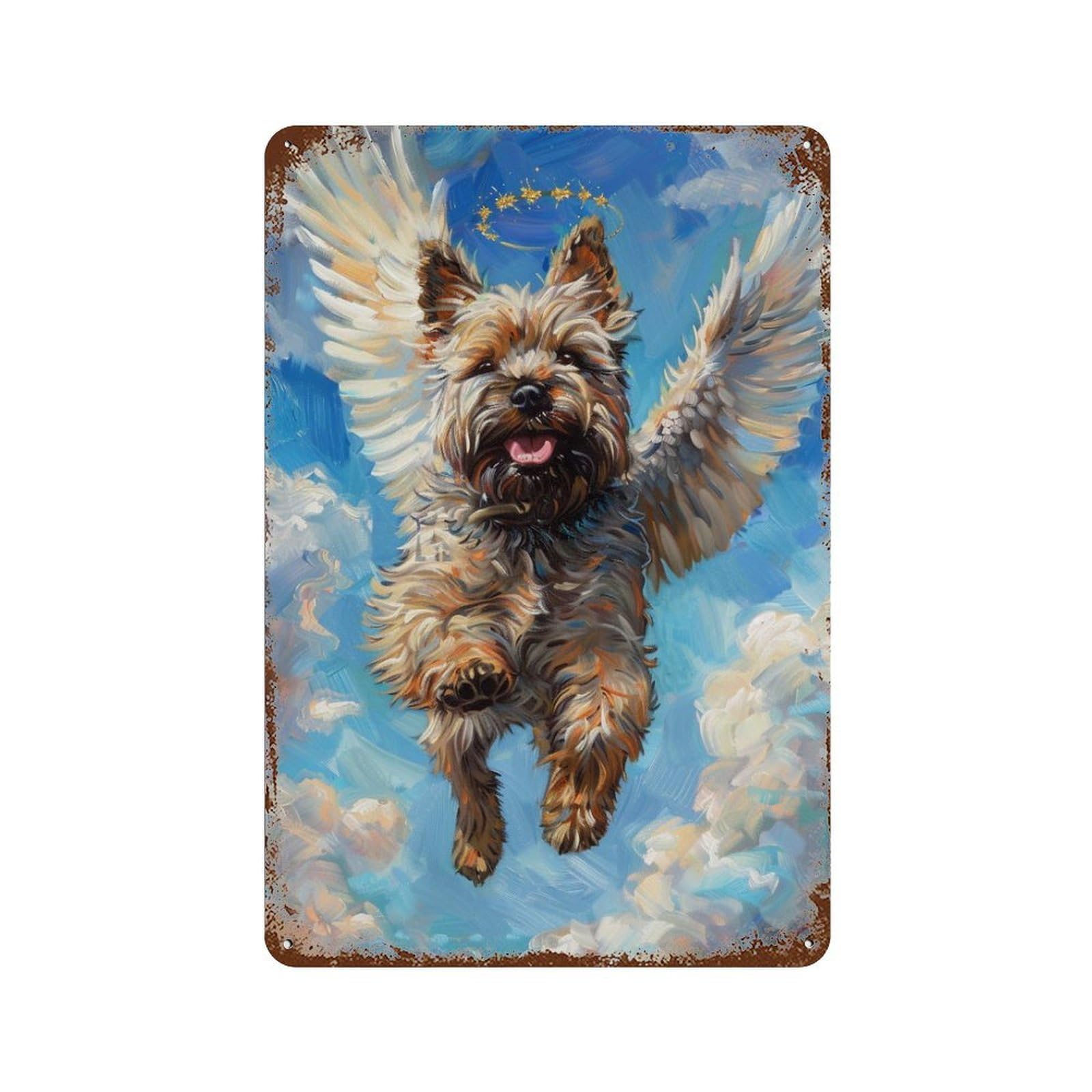 Angel Dog in Heaven Painting -1 Rust Effect Tin Sign 11.8"x7.9", Farmhouse Wall Decor for Living Room, Hallway And Home Decor