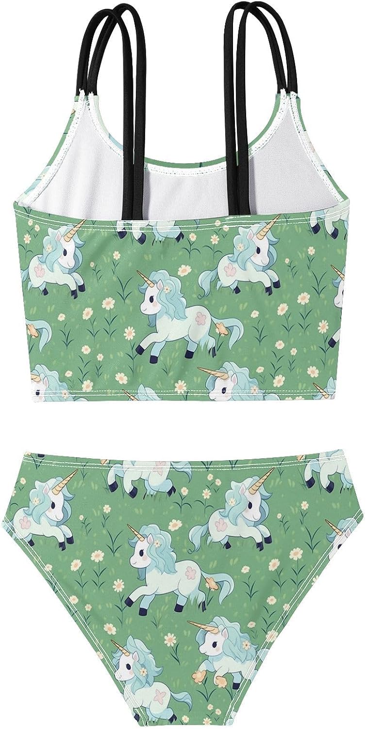 visesunny Girls Two Piece Swimsuits Green Cute Unicorn Girl's Bikini Sets Bathing Suits for Girls Size 5-12Y