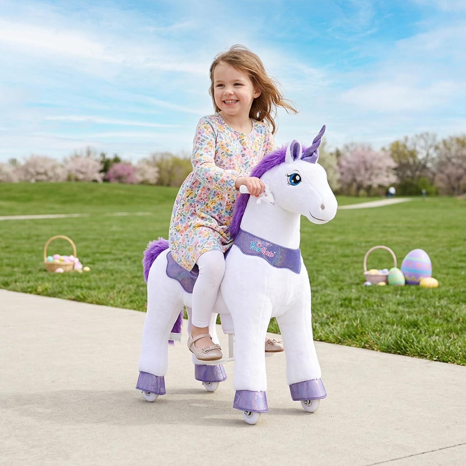 PonyCycle Ride on Unicorn for Kids 4-7 with Brake, Unicorn Gifts for Girls (35.4" Height/Size 4) Plush Interactive Riding Rocking Riding Horse Ride on Toy Spirit Toys Stuffed Animal Purple E413