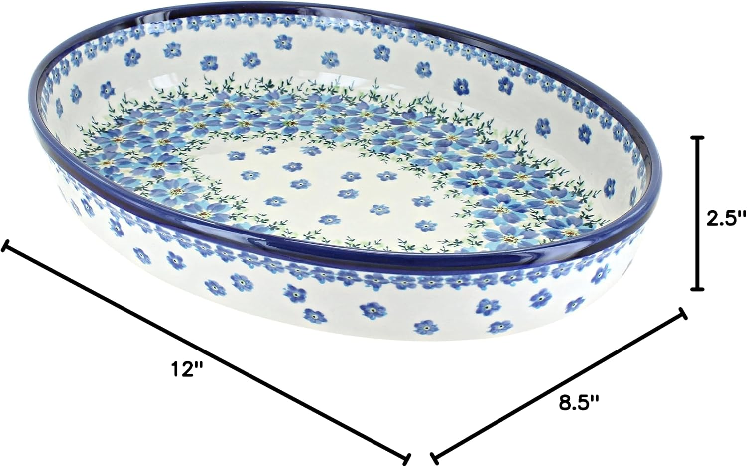 Blue Rose Polish Pottery - Blue Kalina Medium Oval Baker - 12.5" x 9" - Unique, Dishwasher Safe, & Durable Bakeware