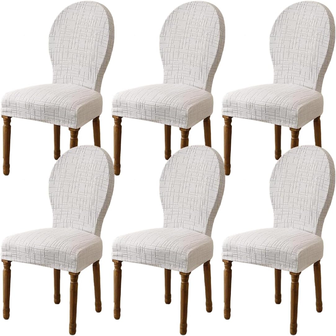 Round Back Dining Chair Cover Stretch Dining Chairs Slipcovers with Round Back Jacquard French Country Oval Chairs Protector Without Arms for Banquet Home Decor Set of 6 Beige