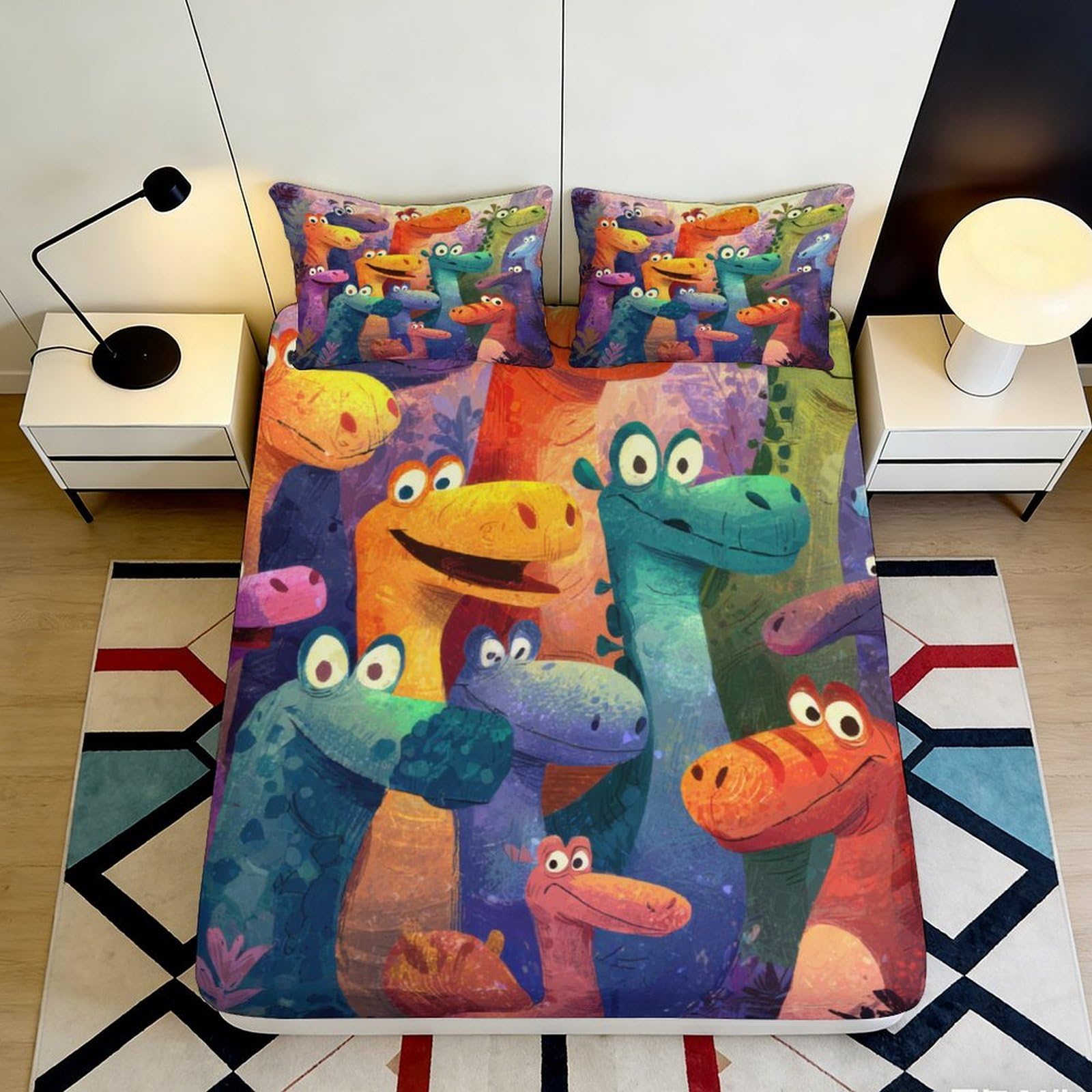 3D Printed Cartoon Dinosaur Fitted Sheet Microfiber Non-Slip Deep Pocket Bedroom Bedding Cartoon Dinosaur Mattress Fitted Cover Washable 140x200x25cm