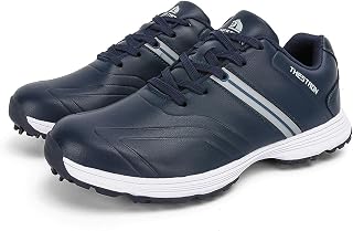 TECDOTO Mens Waterproof Spiked Golf Shoes Four Seasons All Weather Breathable Anti-Slip Golf Sport Training Shoes, Blue-8.5UK