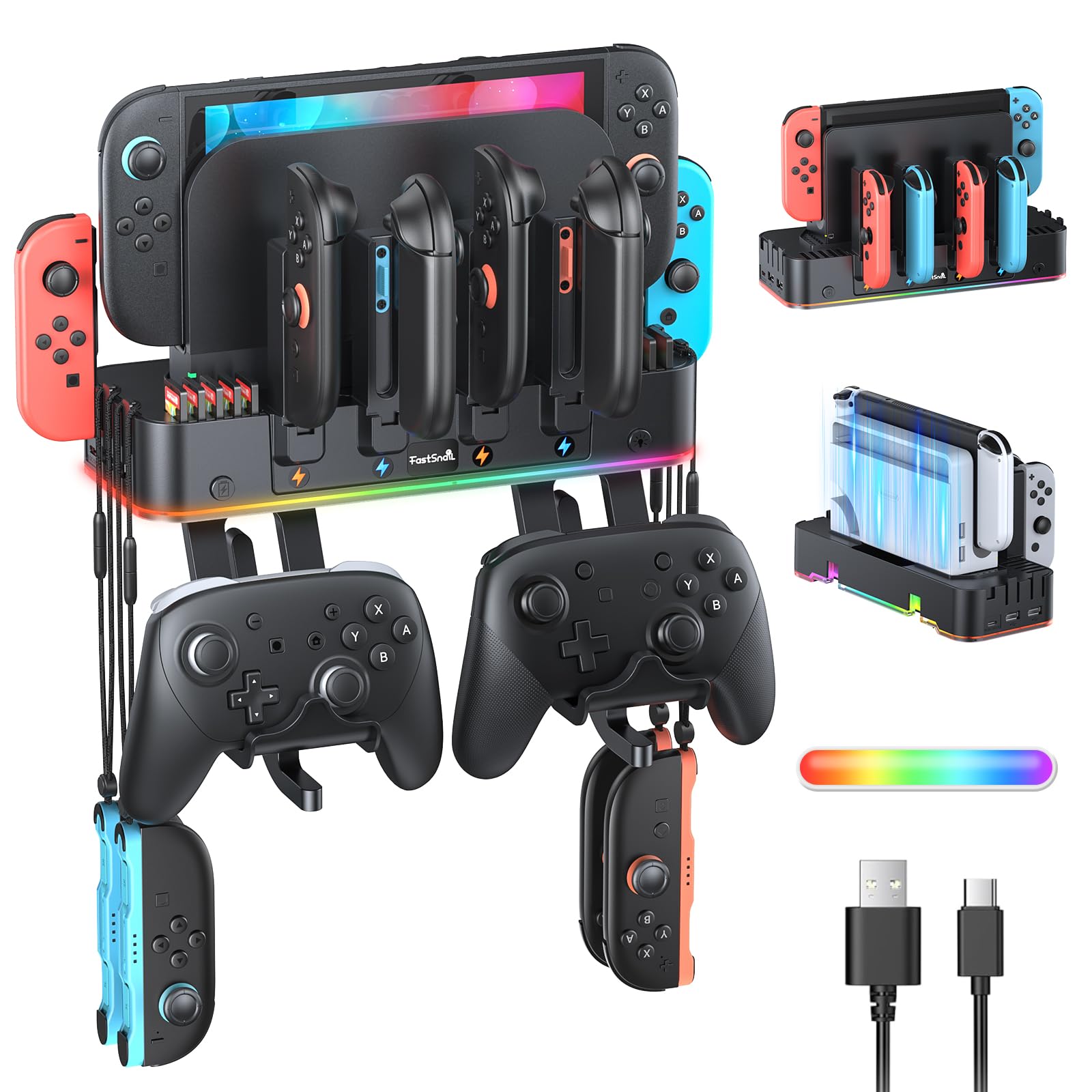 FASTSNAIL RGB Switch 2 (2025) Wall Mount Kit Charger for Switch 2/1/OLED | Switch2 Controller Organizer Accessories with 15 Light Modes, 2 USB Ports, 10 Card Slots, NS2 Store Stand Behind TV