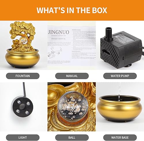 Miniatura 7 de Árbol de dinero dorado Feng Shui fuente de agua de escritorio decoración de cascada con luz LED, portátil, mesa decorativa, meditación zen, cascada