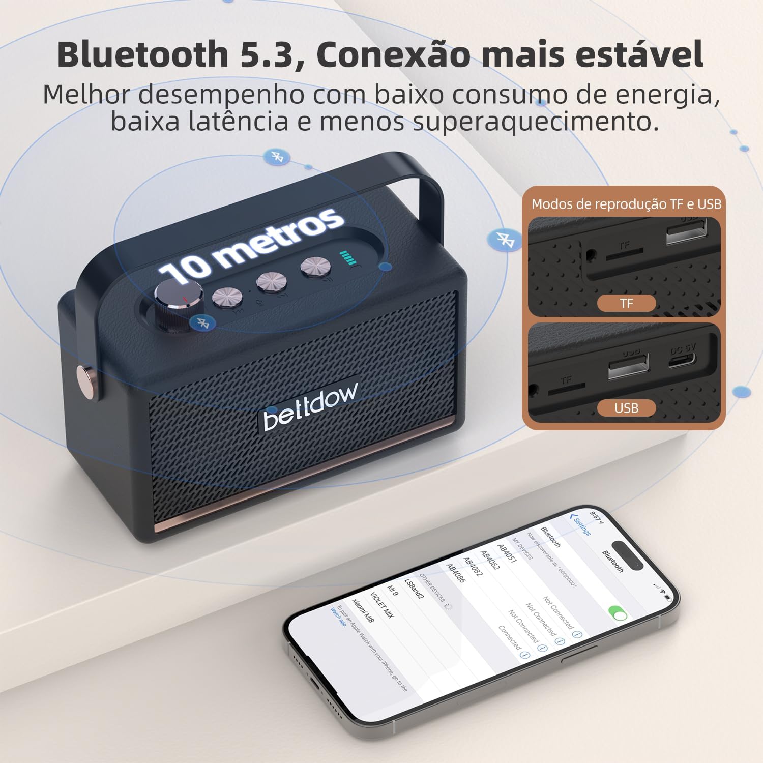 Caixa de Som Portátil Bluetooth 5.3 - Som Stereo 360° com Grave Profundo, Rádio FM, USB/TF, AB4086 Preto