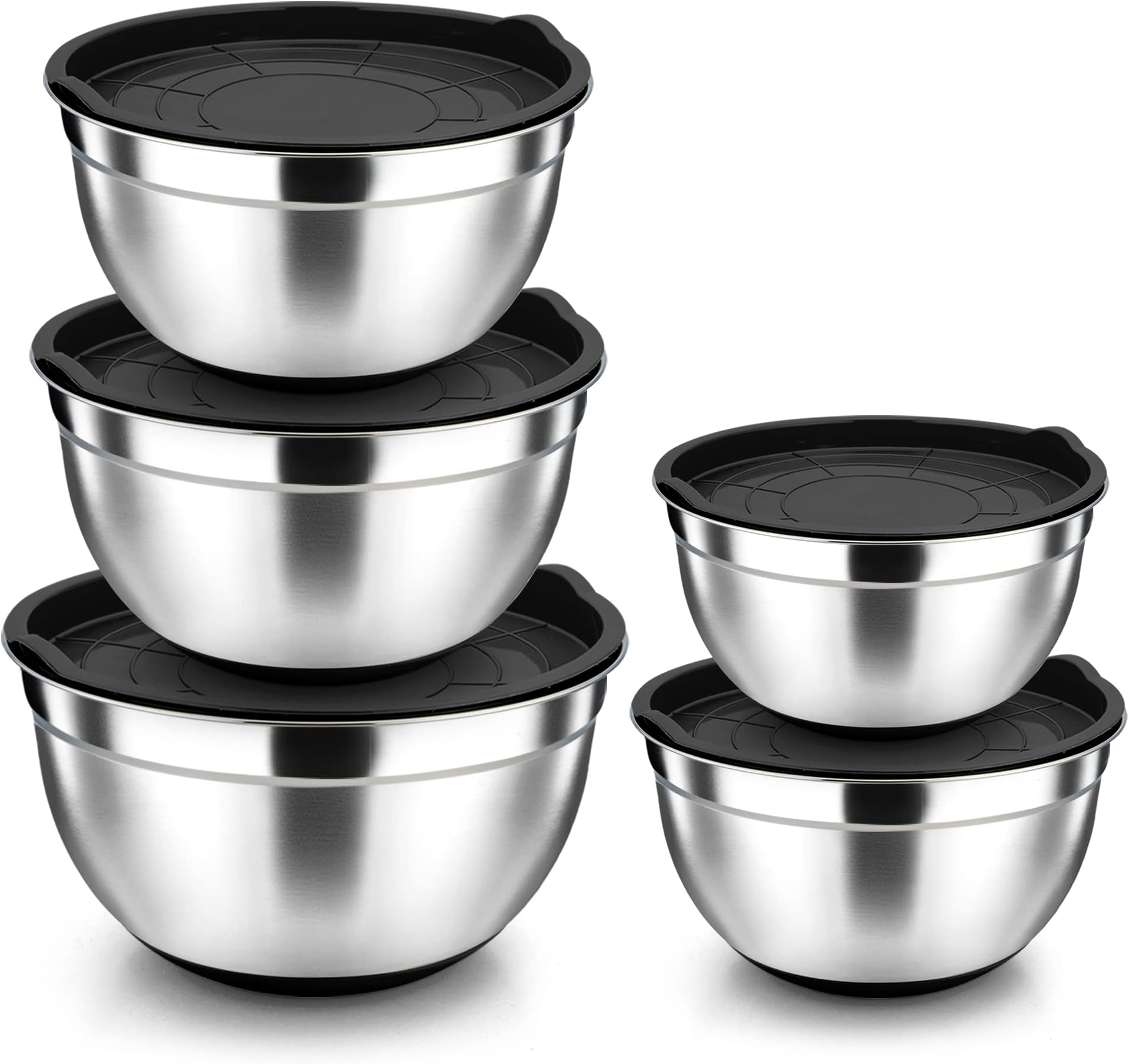 Herogo Mixing Bowl Set of 5, Stainless Steel Salad Bowl with Airtight Lids & Non-Slip Silicone Base, Ideal for Baking Serving, Durable & Dishwasher Safe, Metal Black (4.5/2.7/1.5/1.2/0.7 QT)