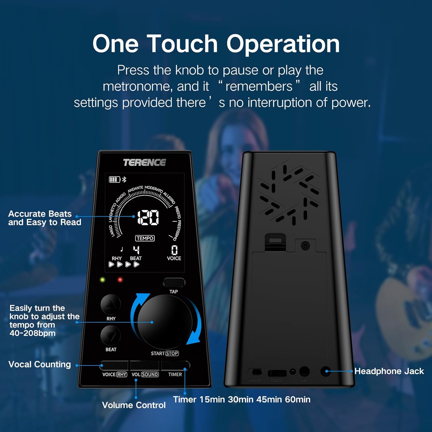 TERENCE Digital Metronome for Piano: Professional Precision Electronic Metronome 9 Tempo Presets 40-208 BPM Millisecond Accuracy LED Display Portable Metronome for Piano Guitar Drums All Instruments