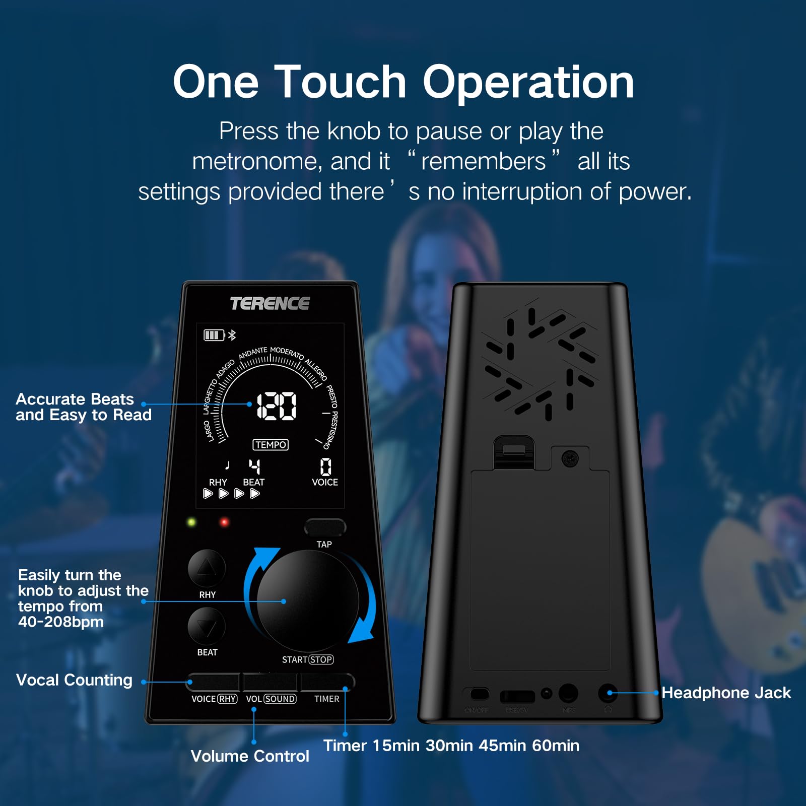 TERENCE Metronomo digitale di precisione per esercizi, metronomo elettronico preciso al millisecondo, 9 tempi, 10 battute, 40-208 BPM, display LCD, compatto e portatile, adatto a tutti gli strumenti