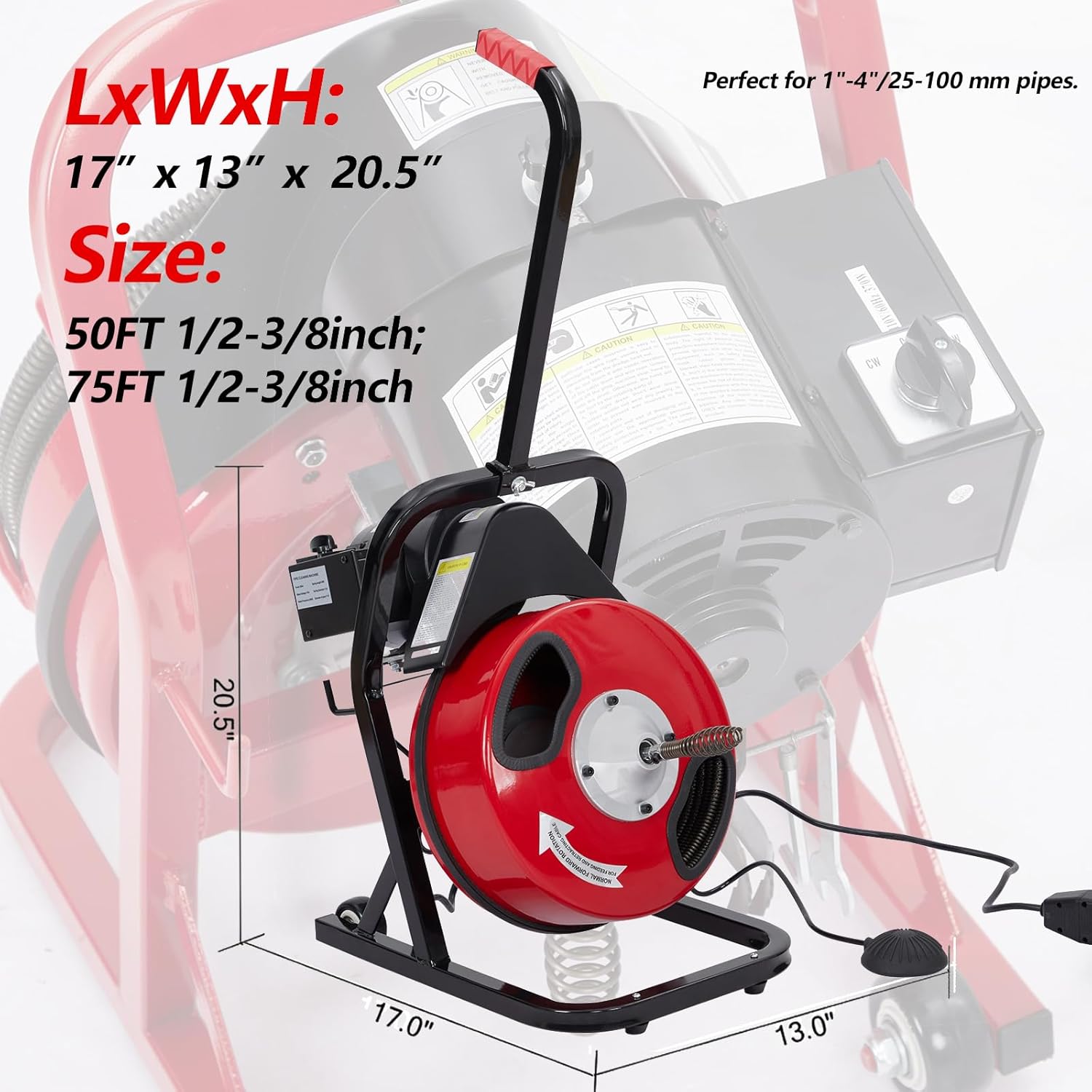 GAOMON Drain Cleaner Machine 50FT x 1/2 Inch Electric Drain Auger Sewer Auger Fits 1 to 4 Inch Pipes with 4 Cutter, Air-Activated Foot Switch, Gloves (K300F)