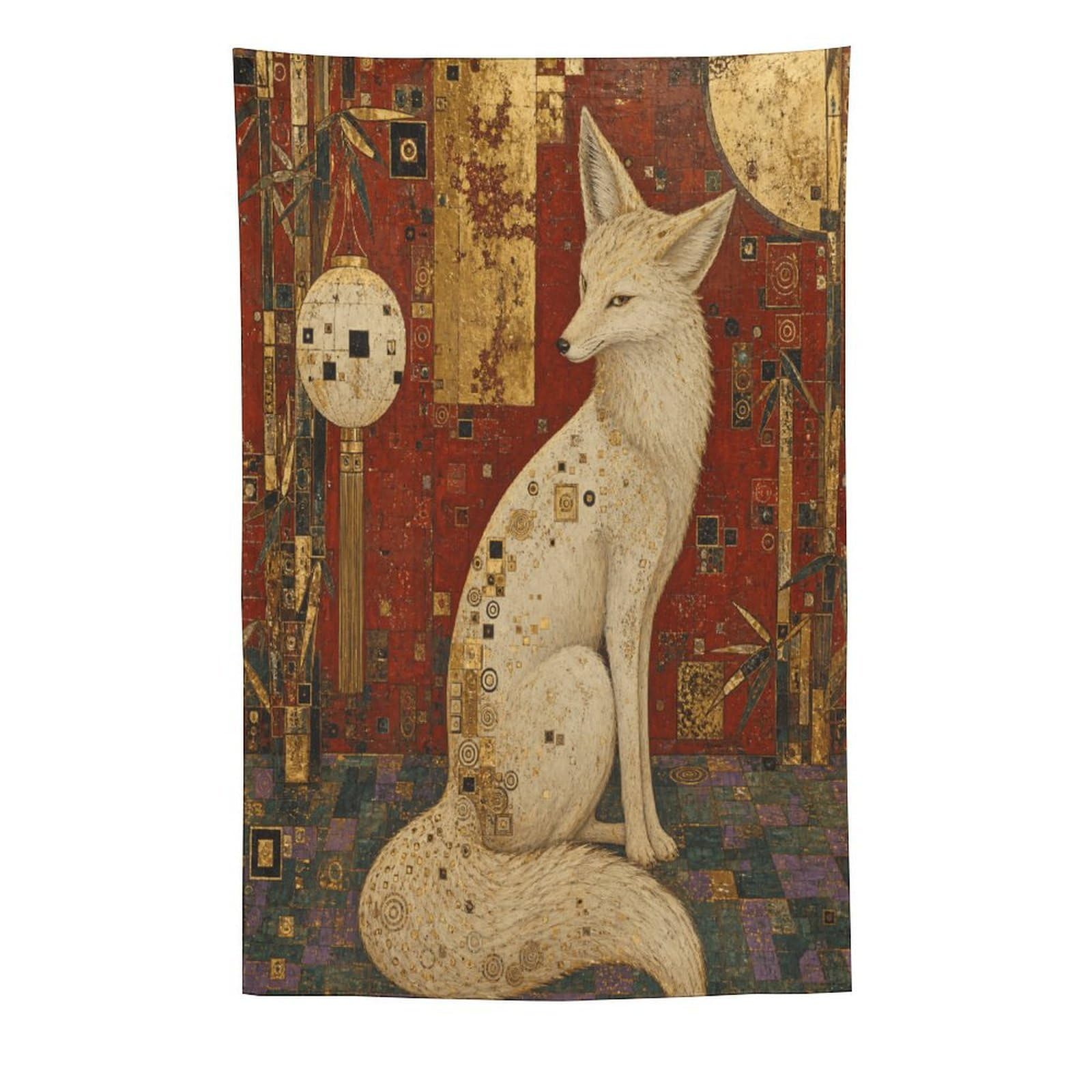 W7C8U2X3 White fox in Ornate Room Wall Tapestry, Room Divider
